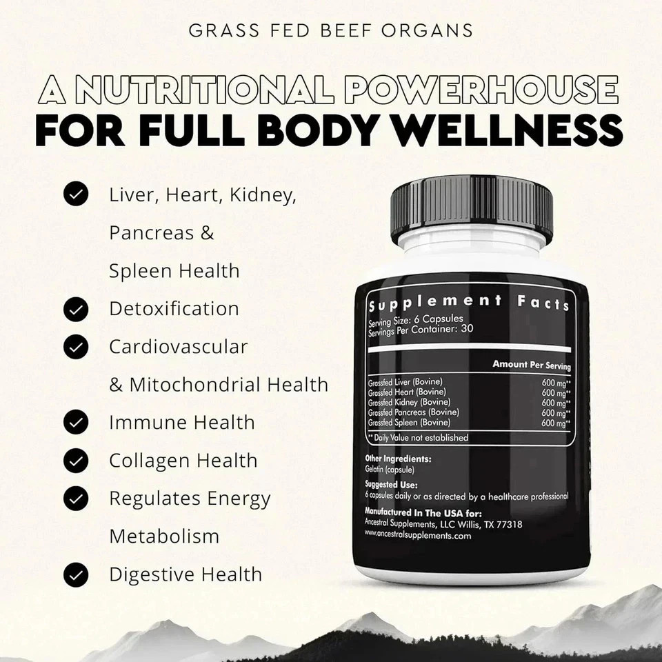 2(PACK) Ancestral Supplements Grass Fed Beef Organ Supplement – 180 Capsules US