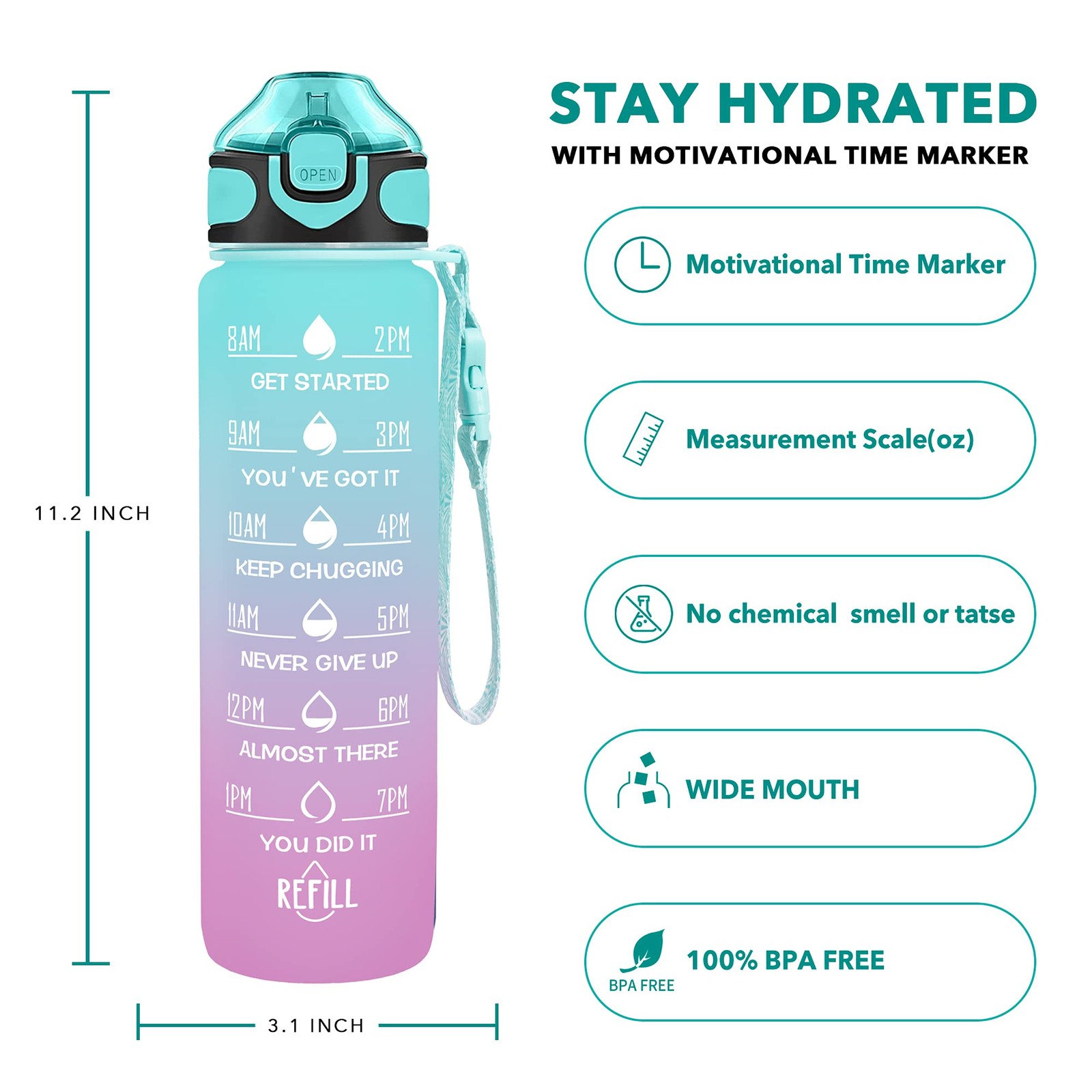 Enerbone 32 oz Drinking Water Bottle with Times to 32 Ounces, Green-Purple