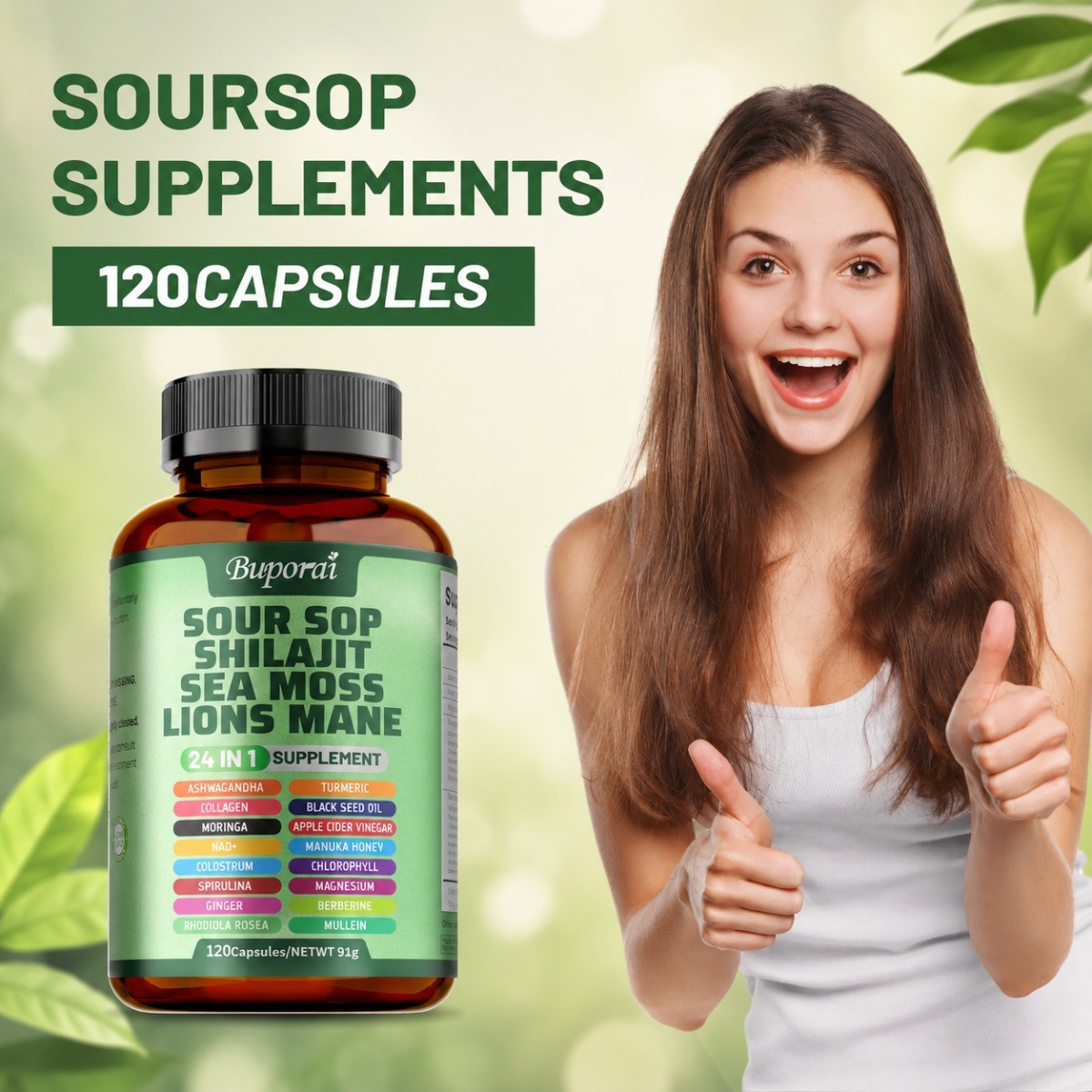 Buporai 24-in-1 Soursop | Sea Moss Lion Mane Support Skin Joint & Immune Health