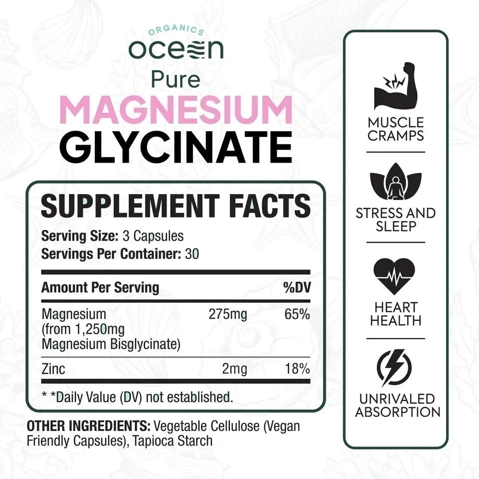 Organics Capsules Low Ocean Glycinate Pure Dose Zinc Chelated 90 Magnesium fresh