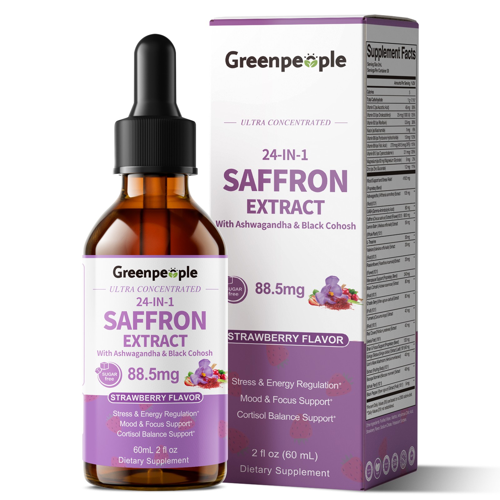 Saffron Supplements 88.5 mg &Ashwagandha, Magnesium, Zinc, B12 & D3 2oz