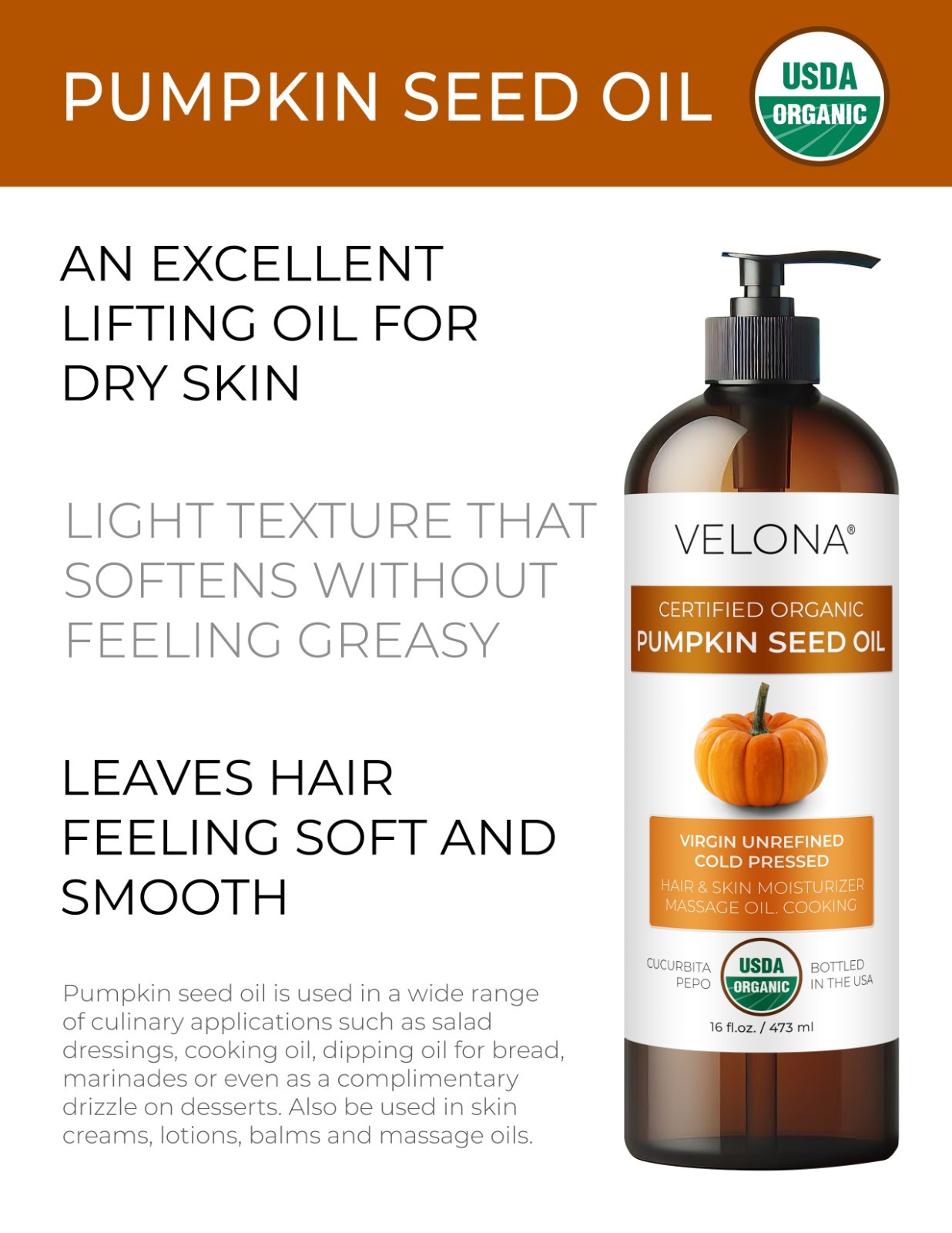 Velona Pumpkin Seed Oil USDA Certified Organic 2oz-7lb Virgin Unrefined Cooking