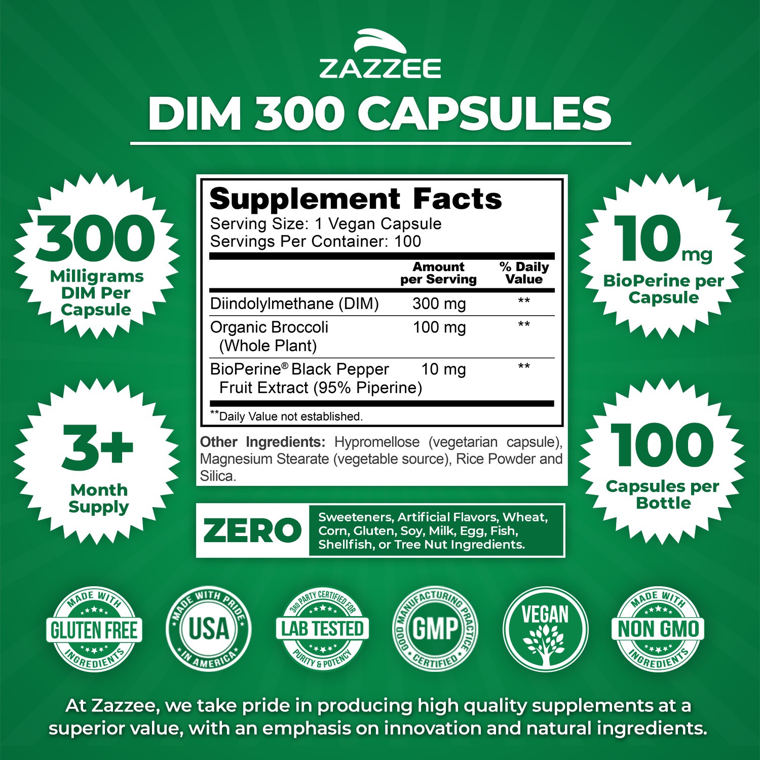 DIM Supplement (Diindolylmethane) 300 mg with 10 mg BioPerine 100 Count Vegan