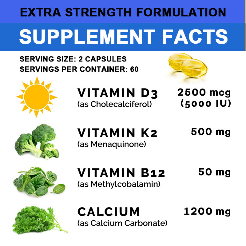 Balincer Calcium Vitamin D3 + K3 + B12, 2000 mg per serving, Non-GMO, Vegetarian