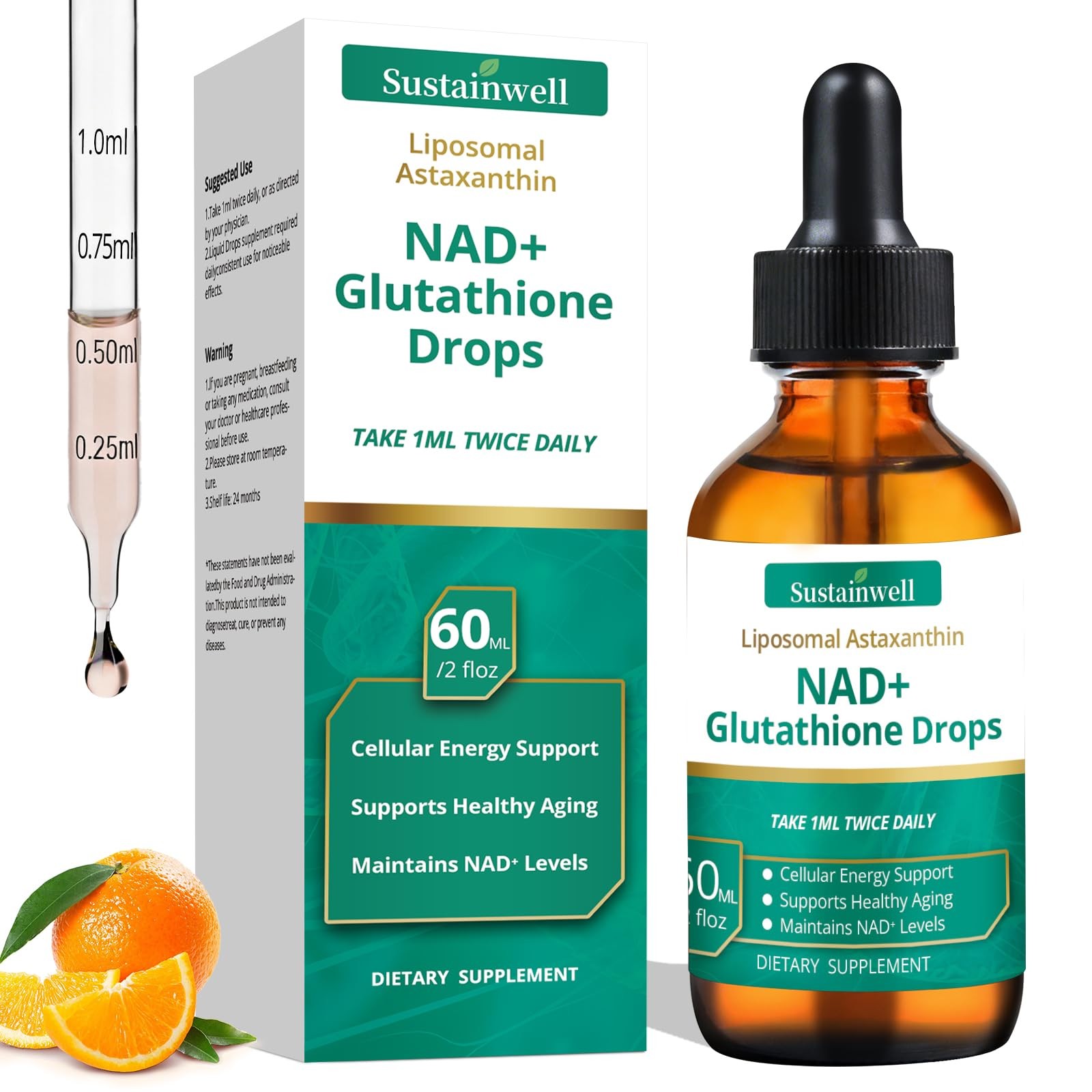 NAD+ Glutathione Liquid Drops with 2.04 Fl Oz (Pack of 1)