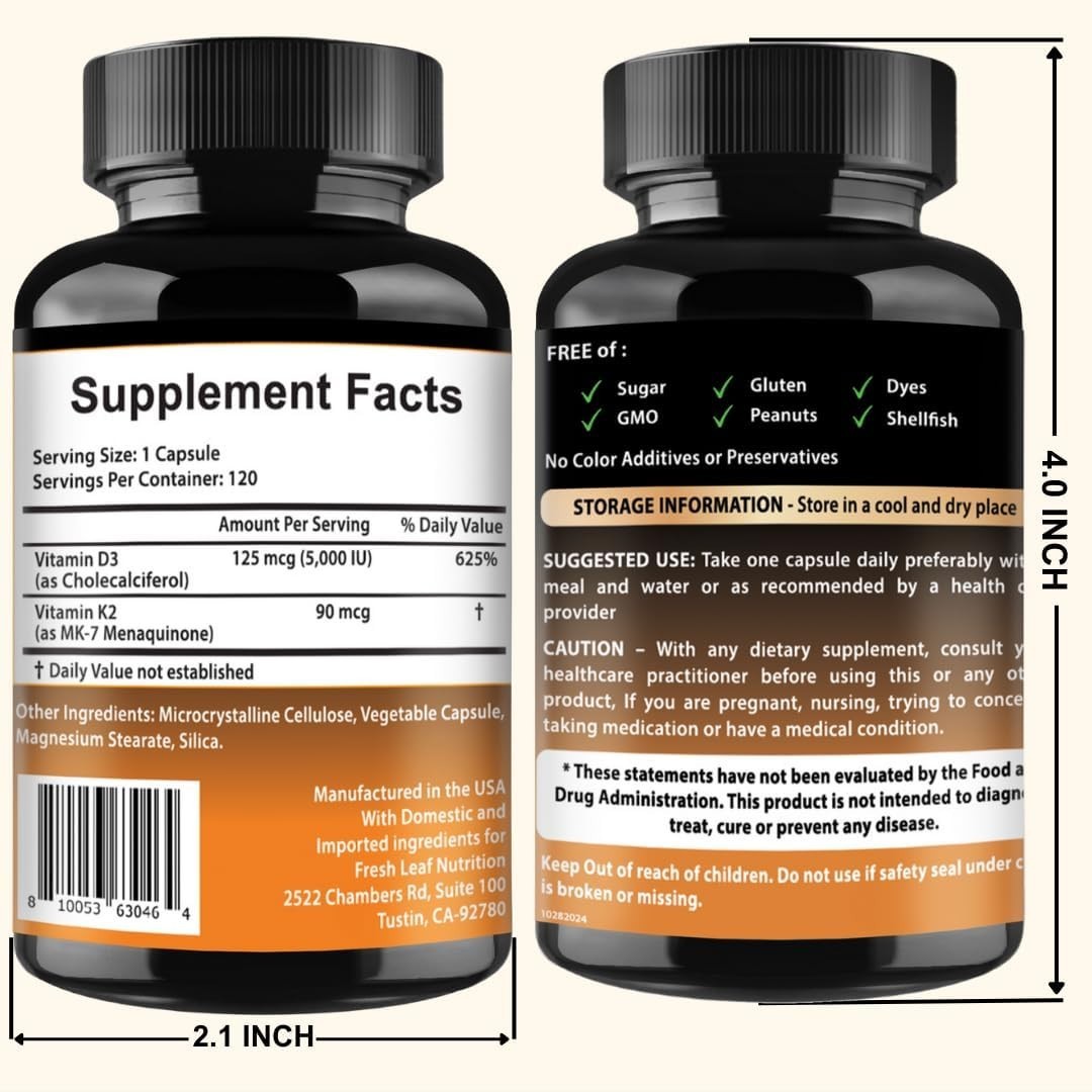 Vitamin D3 K2 Complex – Easy to Swallow – Vitamin D (D3) 5000 IU (125 mcg) & K2