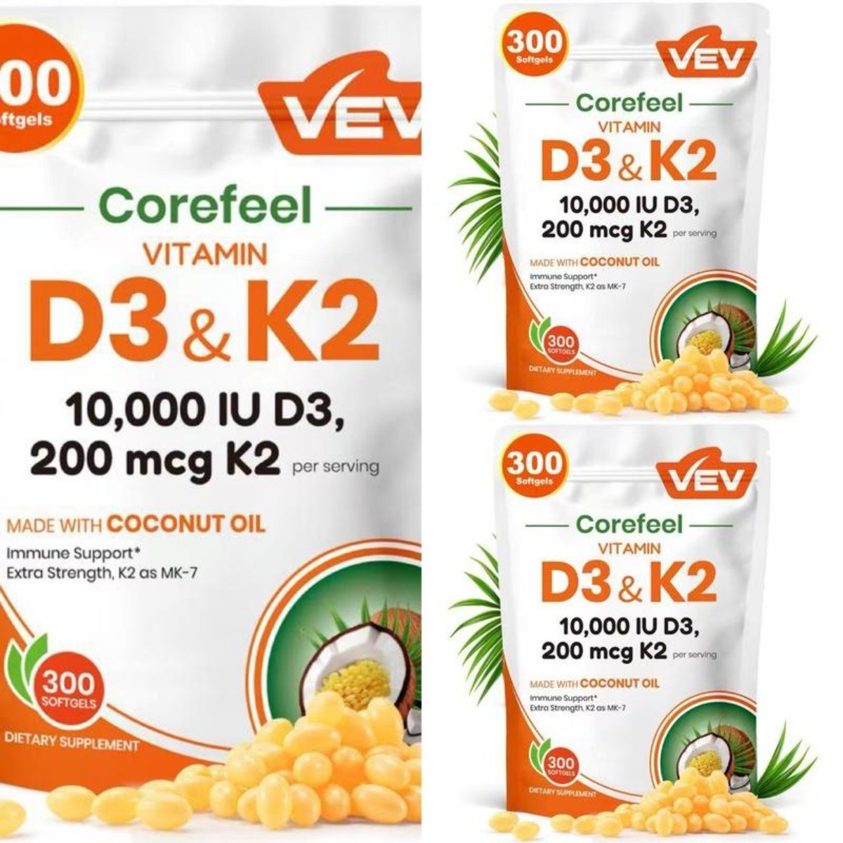 2 PACKS-NEW VEV Vitamin D3 K2 10000 IU, 300 Coconut Oil Softgels, 2-in-1 D&K