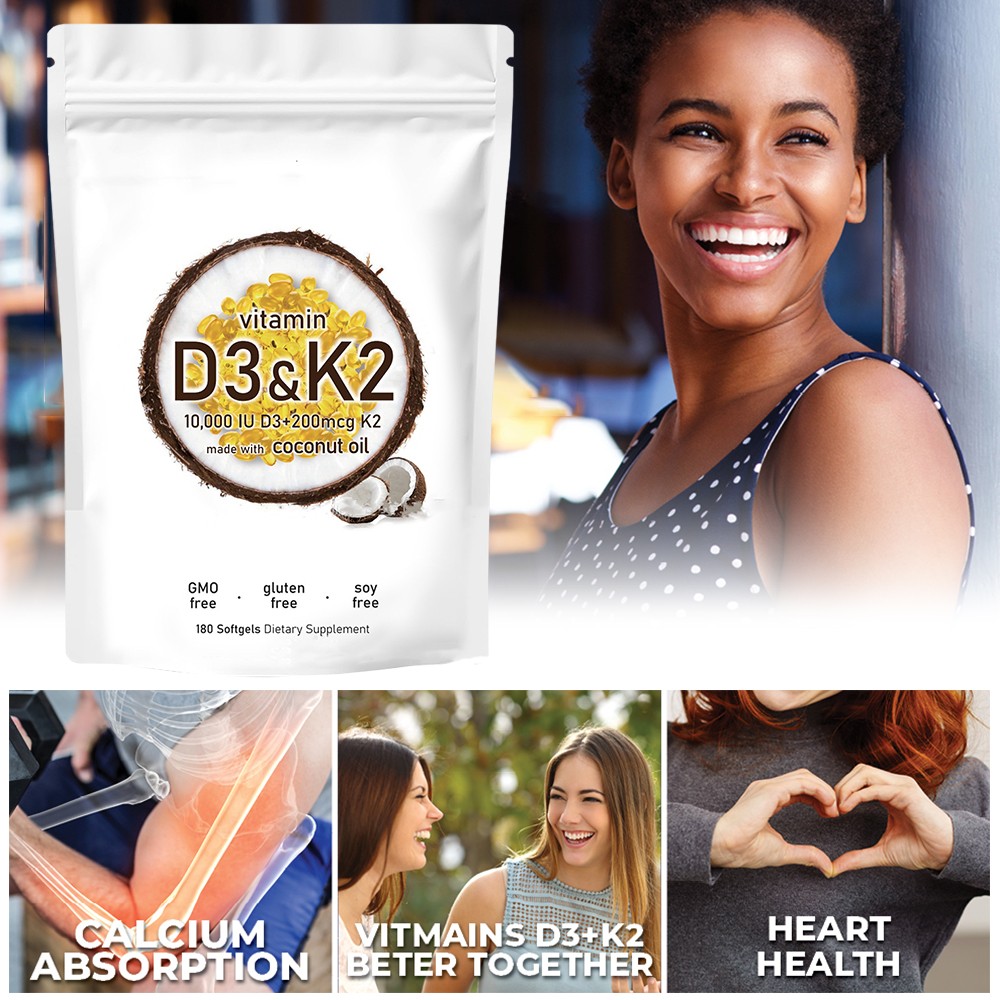 1 in 2 Vitamin D3 K2 Supplement Softgels 180 capsules 10000 IU VIT D3+K2 200 MCG