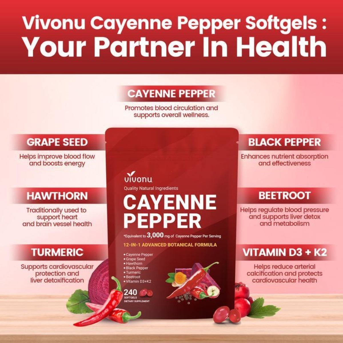 Cayenne Pepper Supplement | Circulation & Heart | Health Vit E D3 K2 Grape Seed