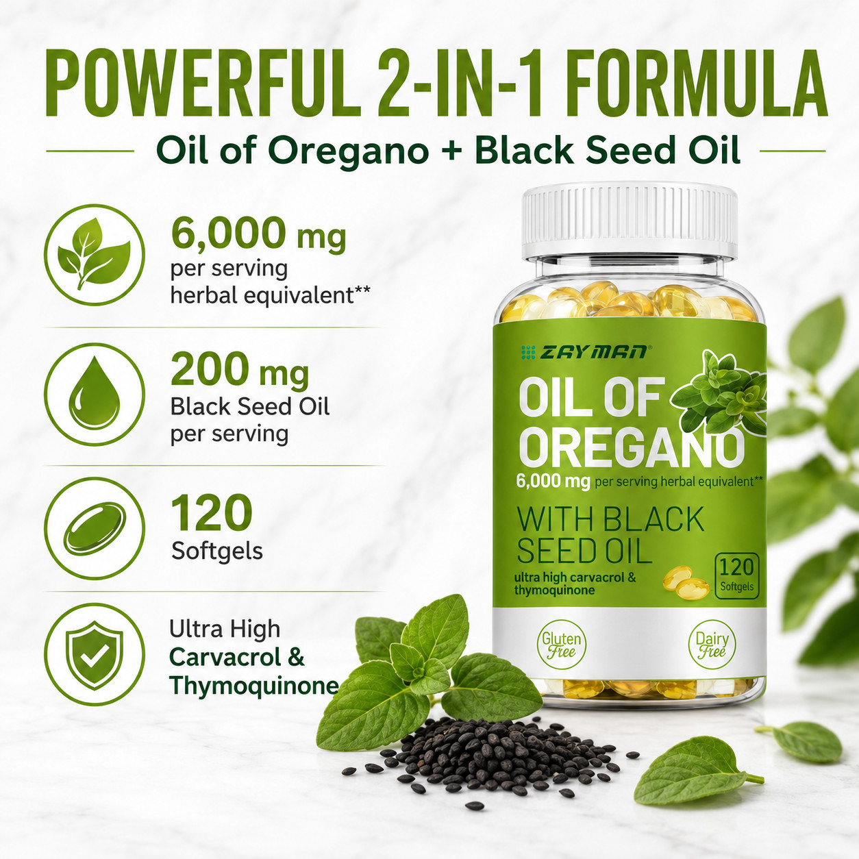2 in 1 Oil of Oregano & Black Seed Softgels Count with Carvacrol,Immune Support