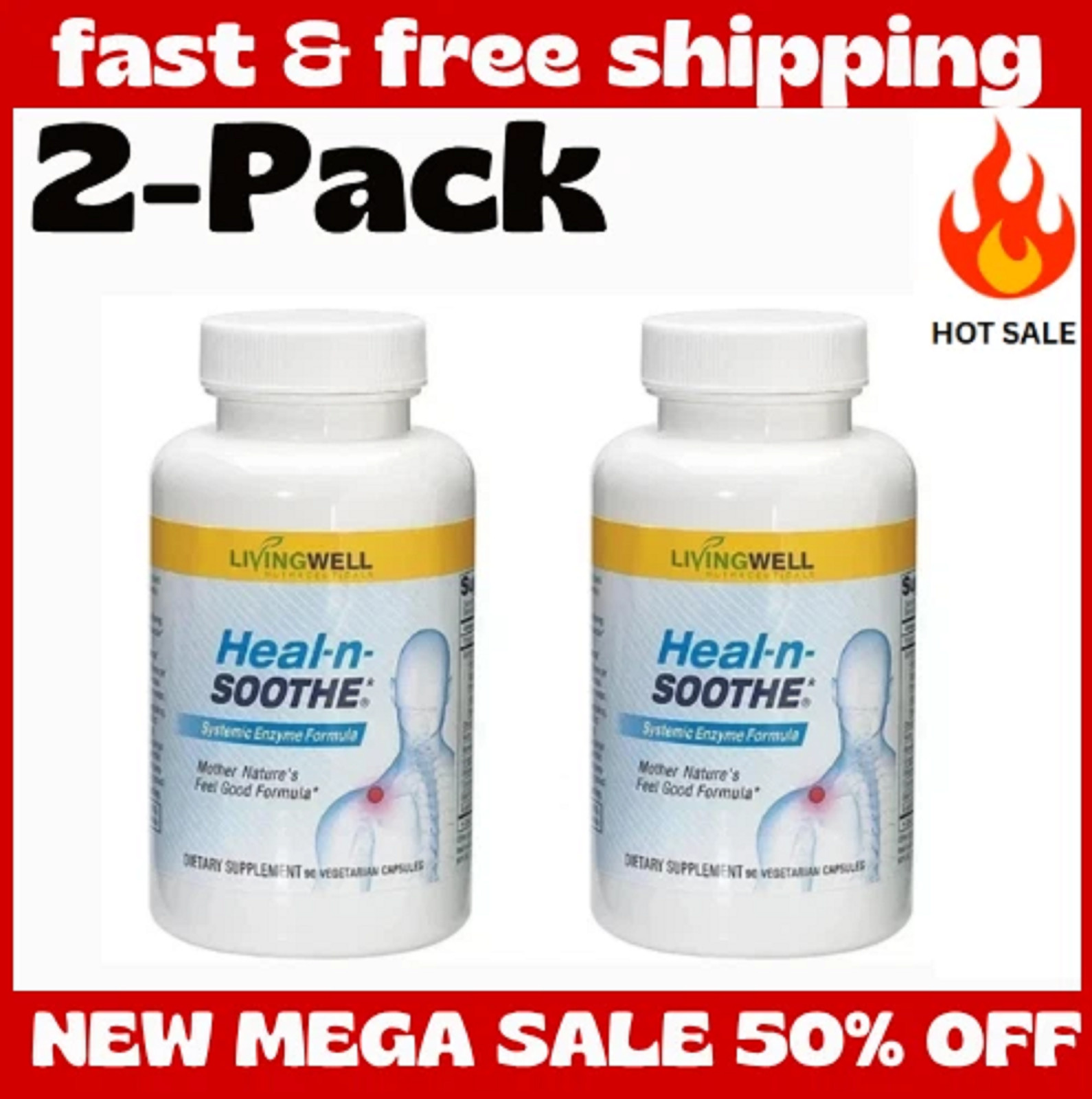 2 Pack LivingWell Nutraceuticals Heal-n-Soothe Systemic Enzyme Formula 180ct