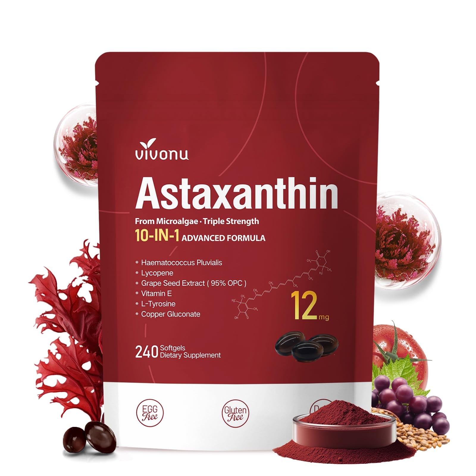 10 in 1 Astaxanthin 12mg 240 Count (Pack of 1), | 1 Bag | 240 Softgels