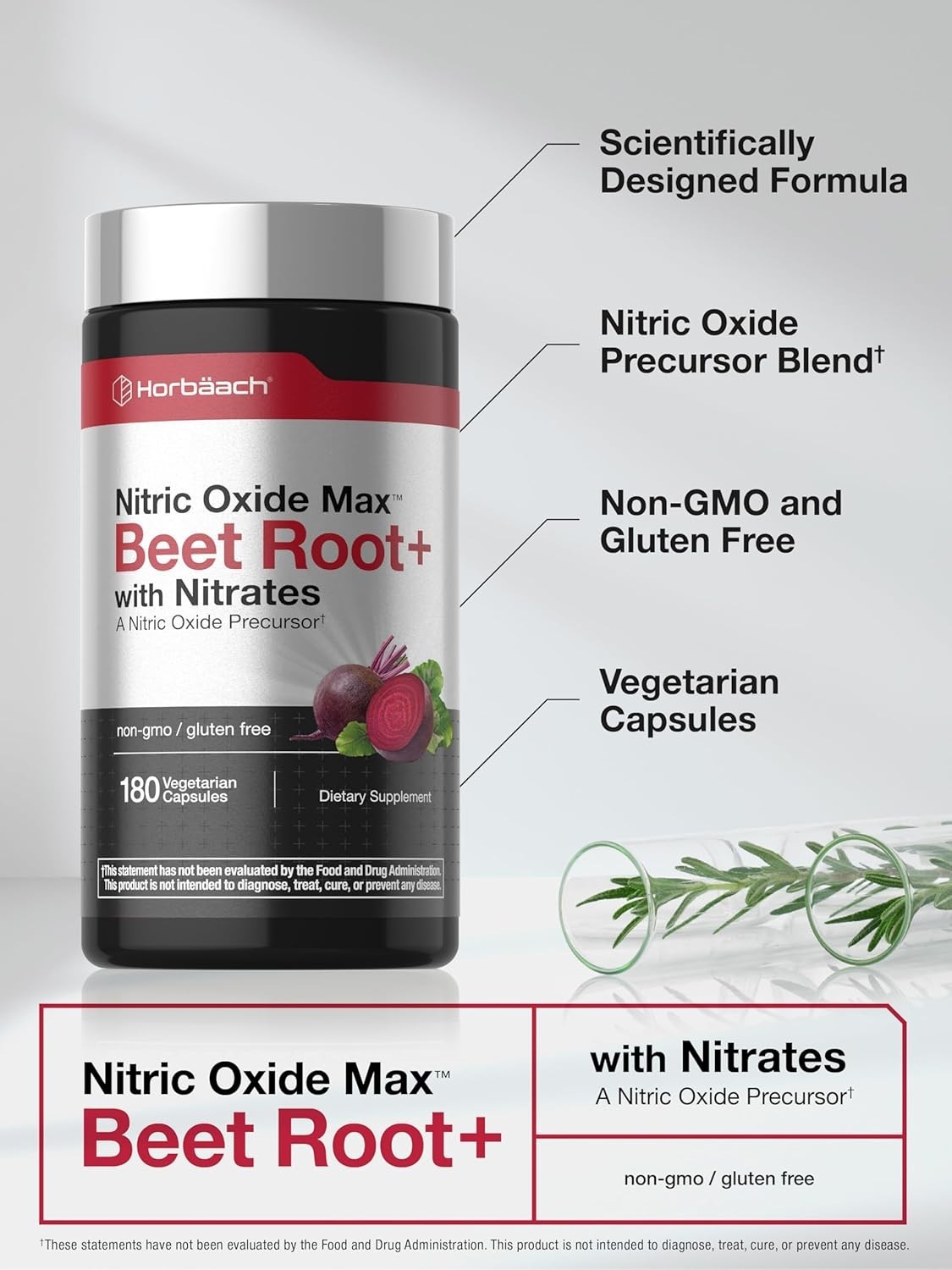 Nitric Oxide Beet Root Capsules | With Nitrates | 180 Count | by Horbaach