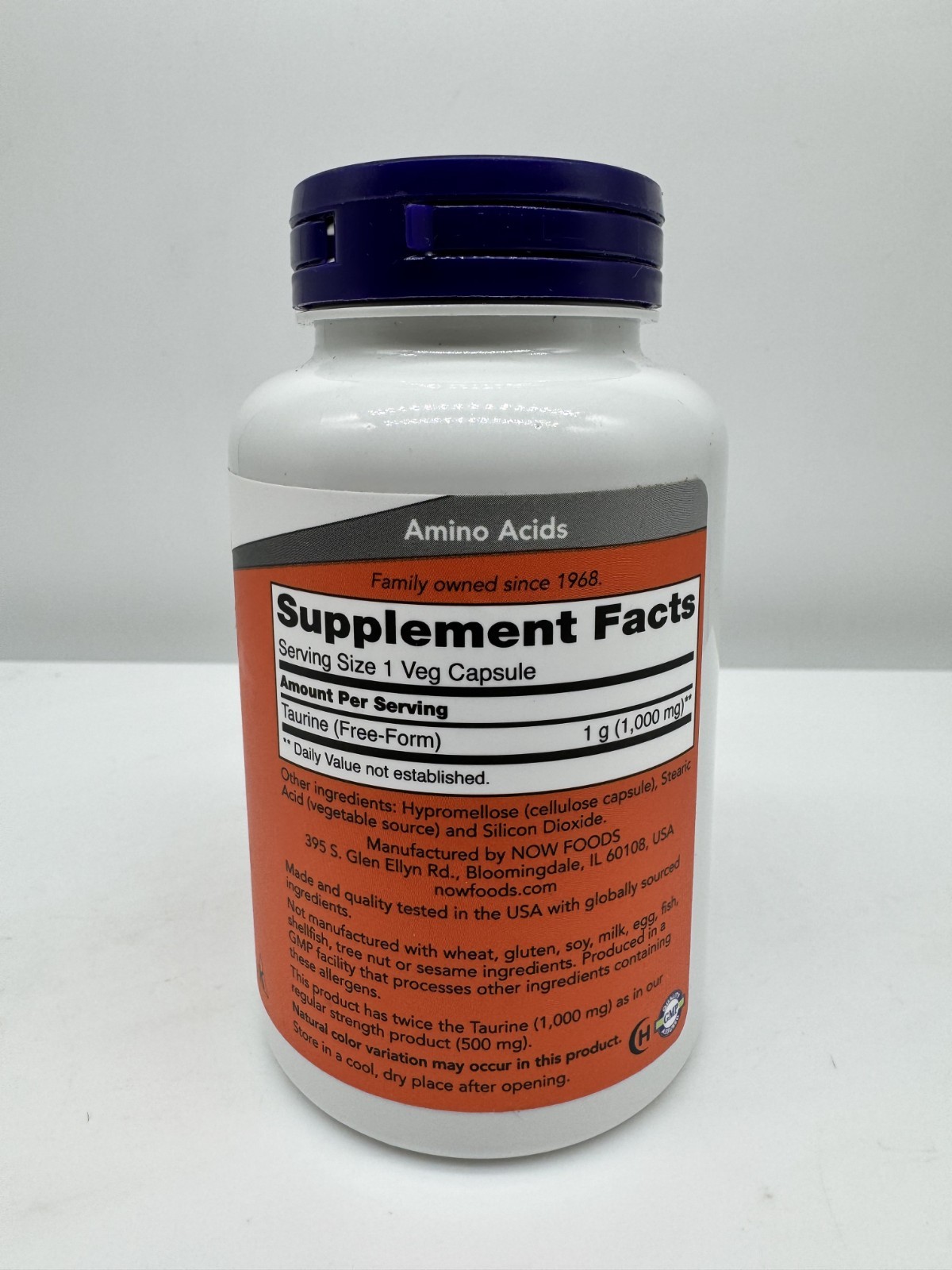 NOW FOODS Taurine Double Strength 1000 mg 100 Veg Capsules Exp 4/2029