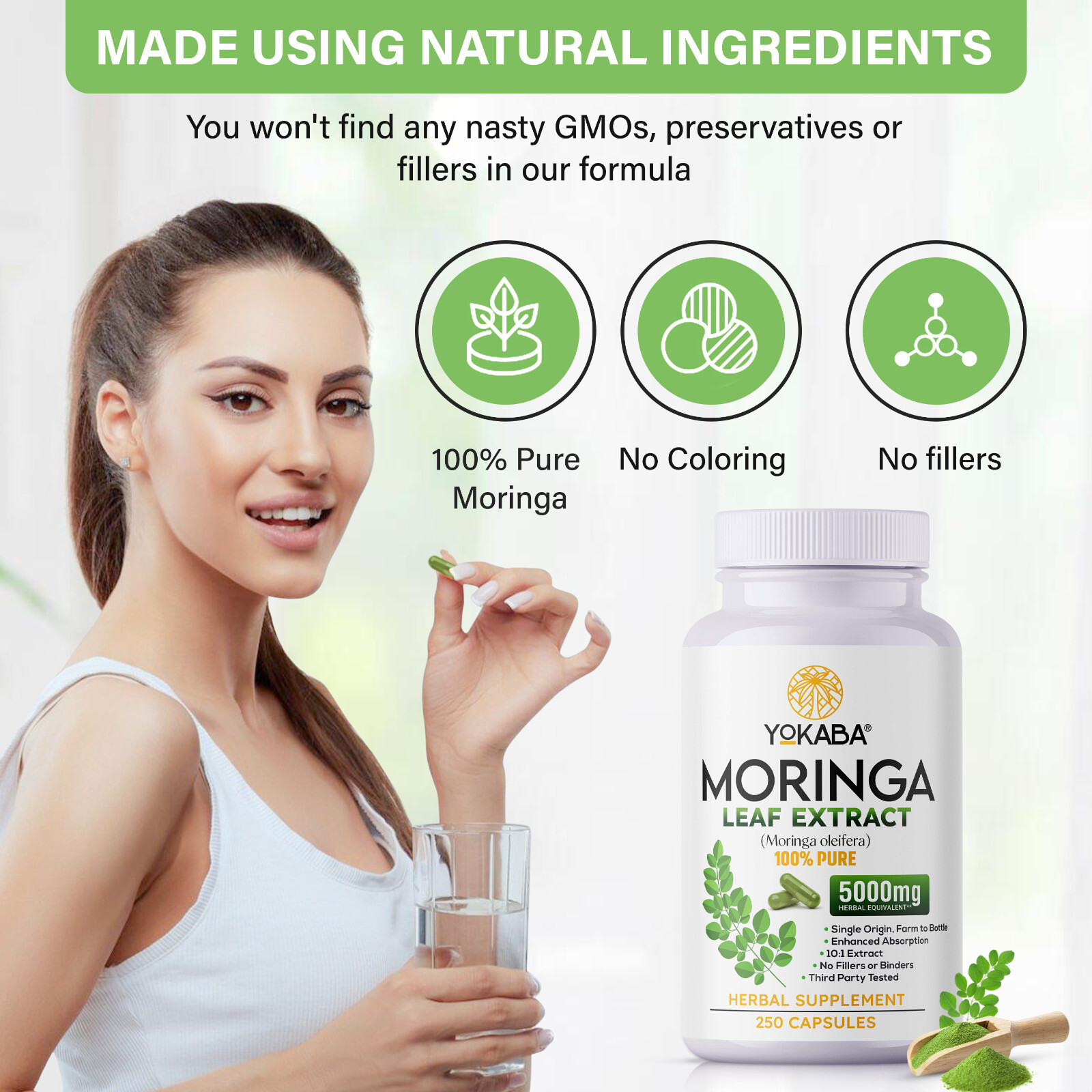 500 Capsules Moringa Oleifera Leaf Powder 5000mg – Organic Herbal Extract YOKABA