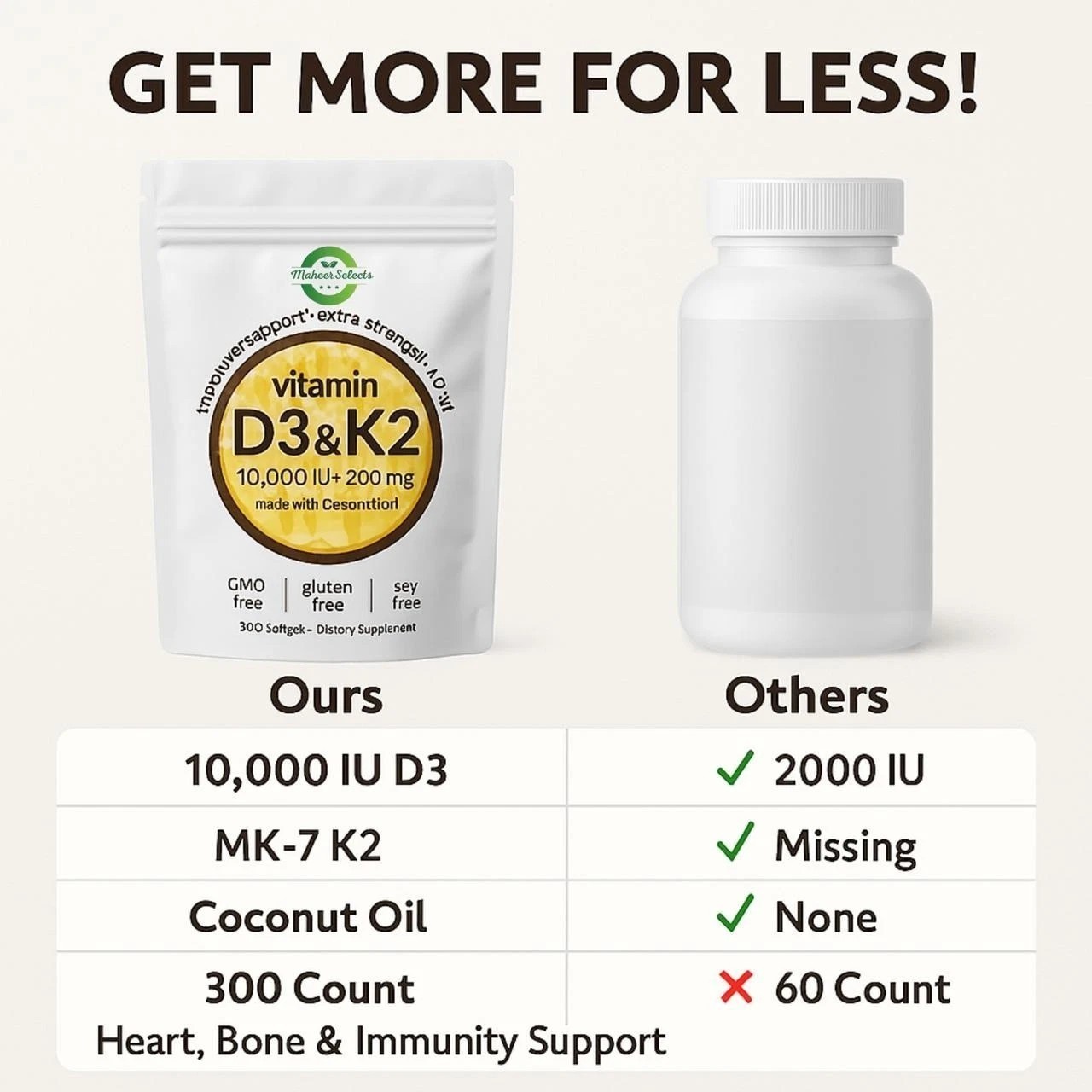 Vitamin D3 10000 iu Plus K2 MK-7 200 mcg 300 Virgin Coconut Oil Softge LOT NEW