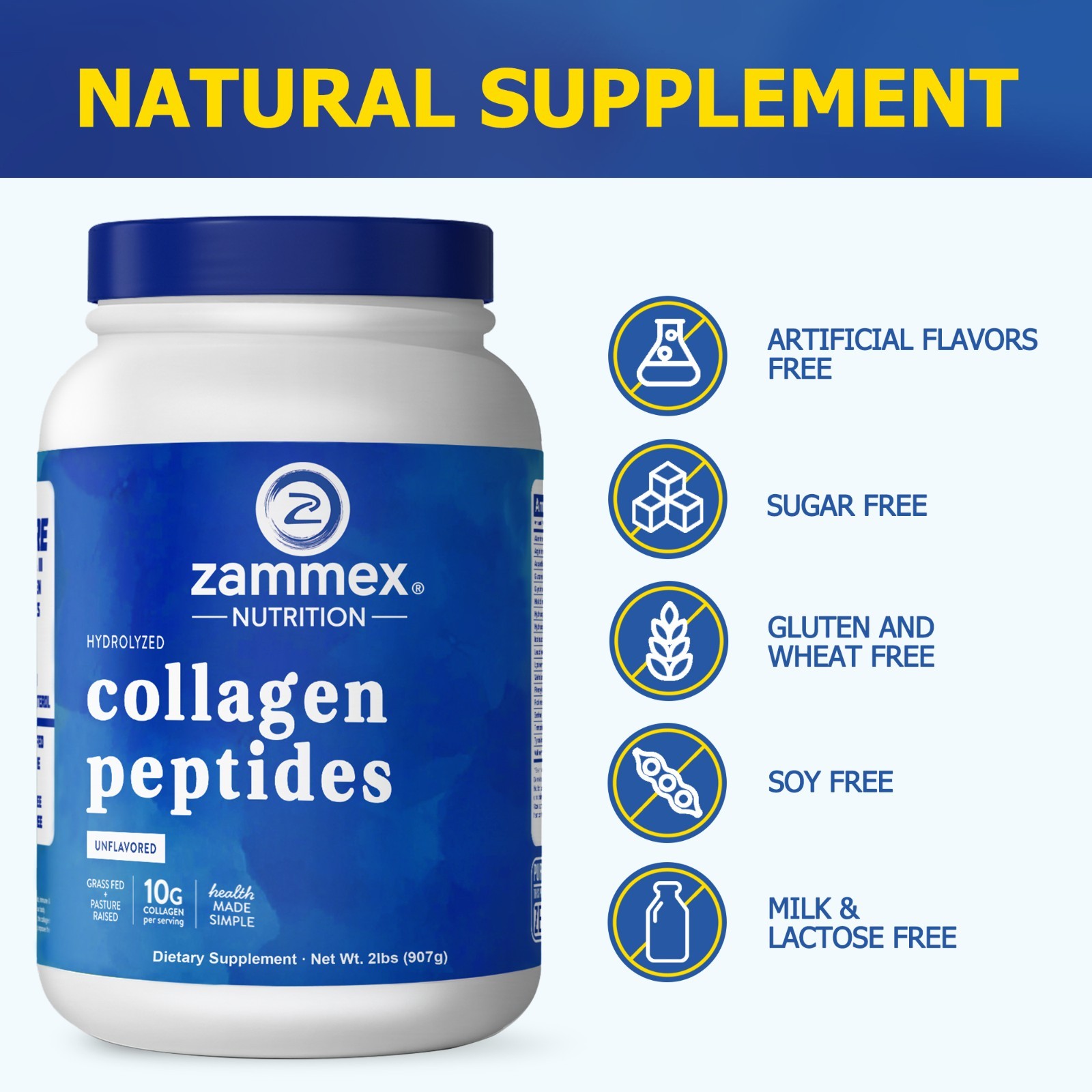 Collagen Peptides Powder Hydrolyzed Protein Unflavored Supplement 2lb-Type 1&3