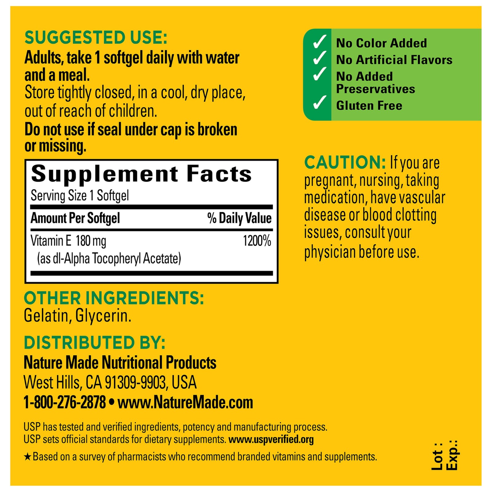 Vitamin E 180 mg (400 IU) 100 Count (Pack of 1), No Color