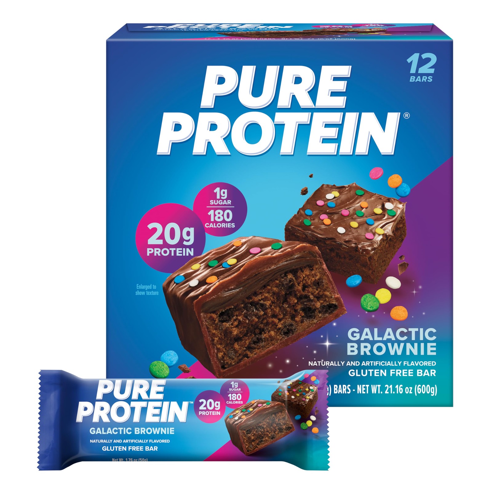 Pure Protein Galactic Brownie Bars – 20g 12 Count (Pack of 1), brown