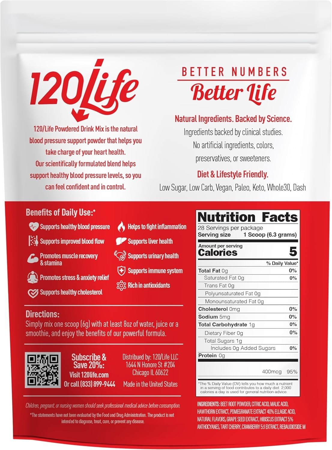 120/Life Blood Pressure Support Natural Beet Root Powder Drink Mix (28 SERVINGS)