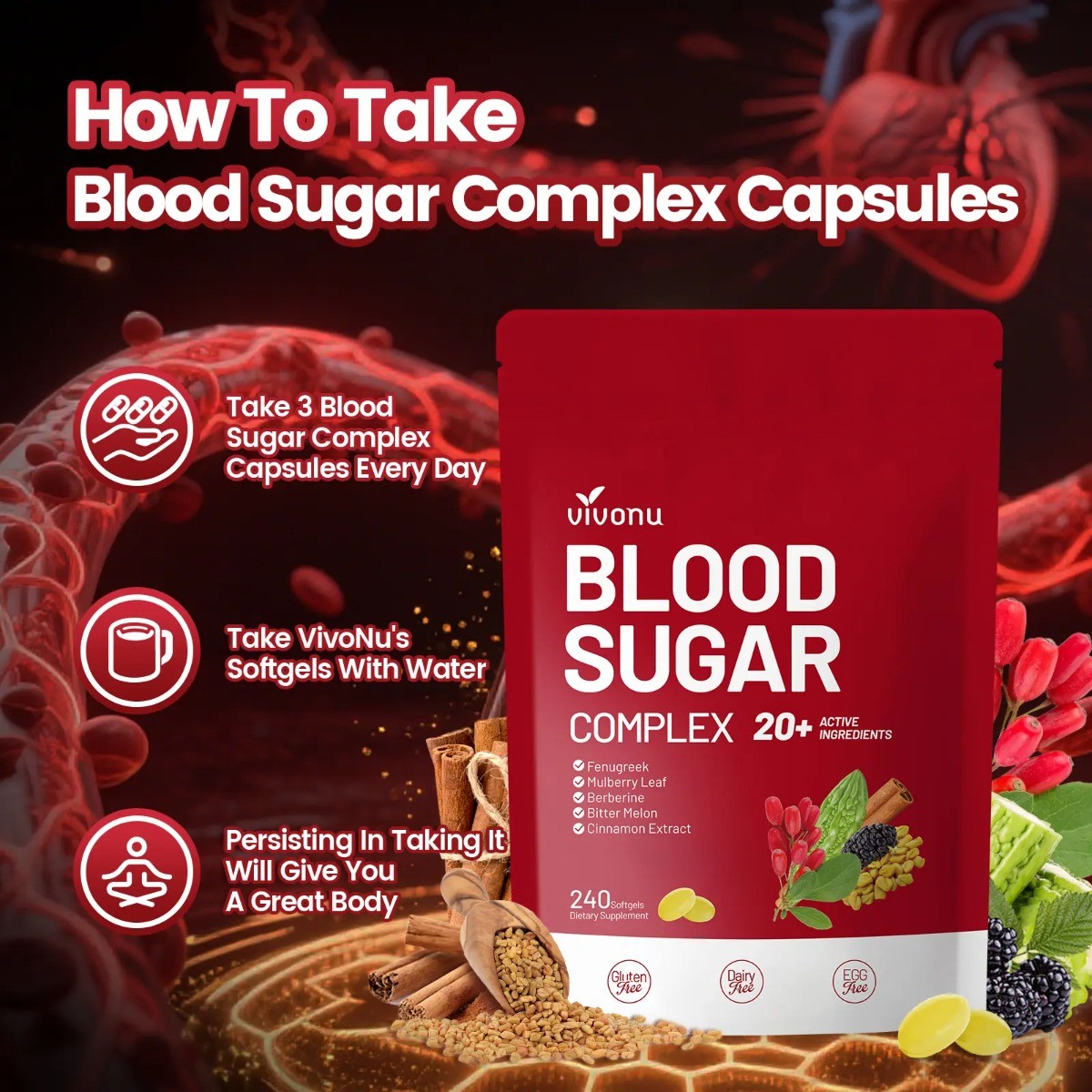 VivoNu Blood Sugar Complex Supplement with 20 Herbs and Vitamins 240 Softgels