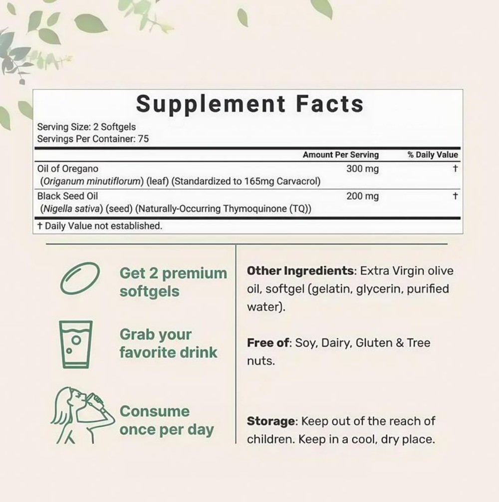 2 in 1 Oil of Oregano & Black Seed Softgels Count with Carvacrol,Immune Support