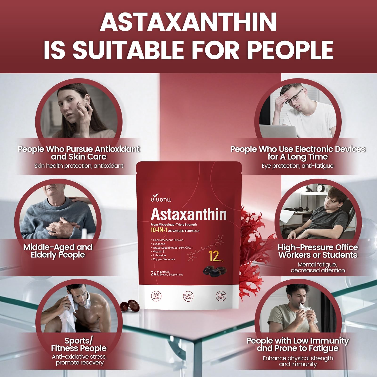 10 in 1 Astaxanthin 12mg 240 Count (Pack of 1), | 1 Bag | 240 Softgels