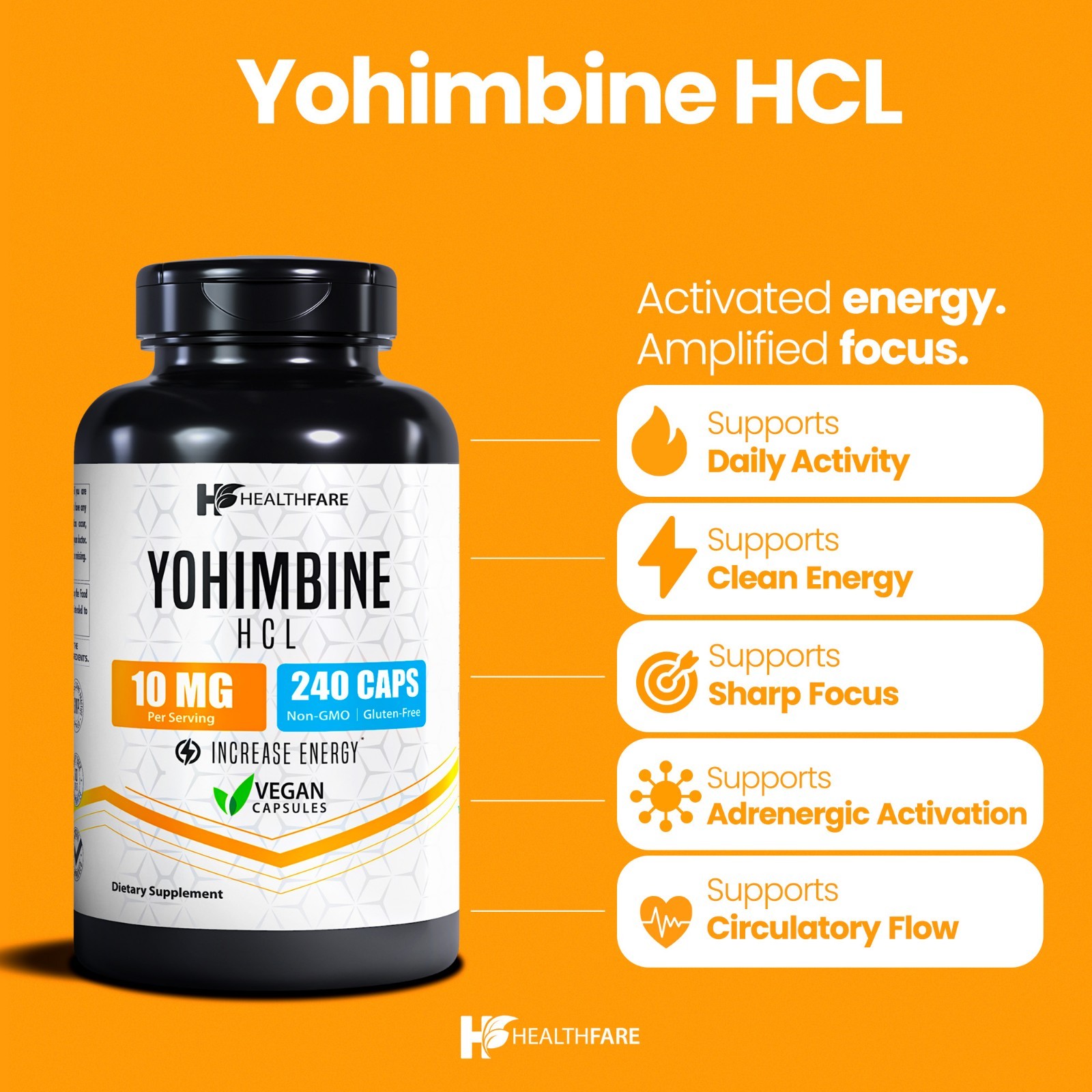 Healthfare Yohimbine HCL 10mg | 240 Capsules Support Energy Max Potency Formula