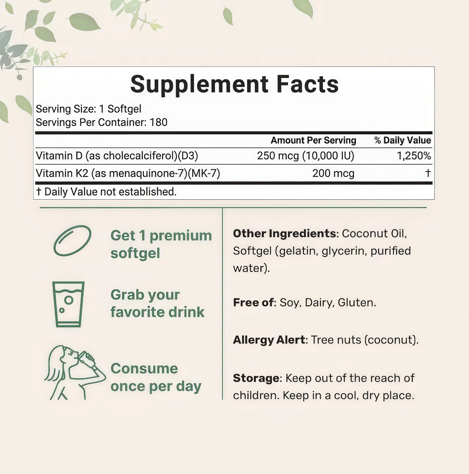2 PCS Vitamin D3 10000 iu Plus K2 (MK-7) 200 mcg,300 Virgin Coconut Oil Softgels