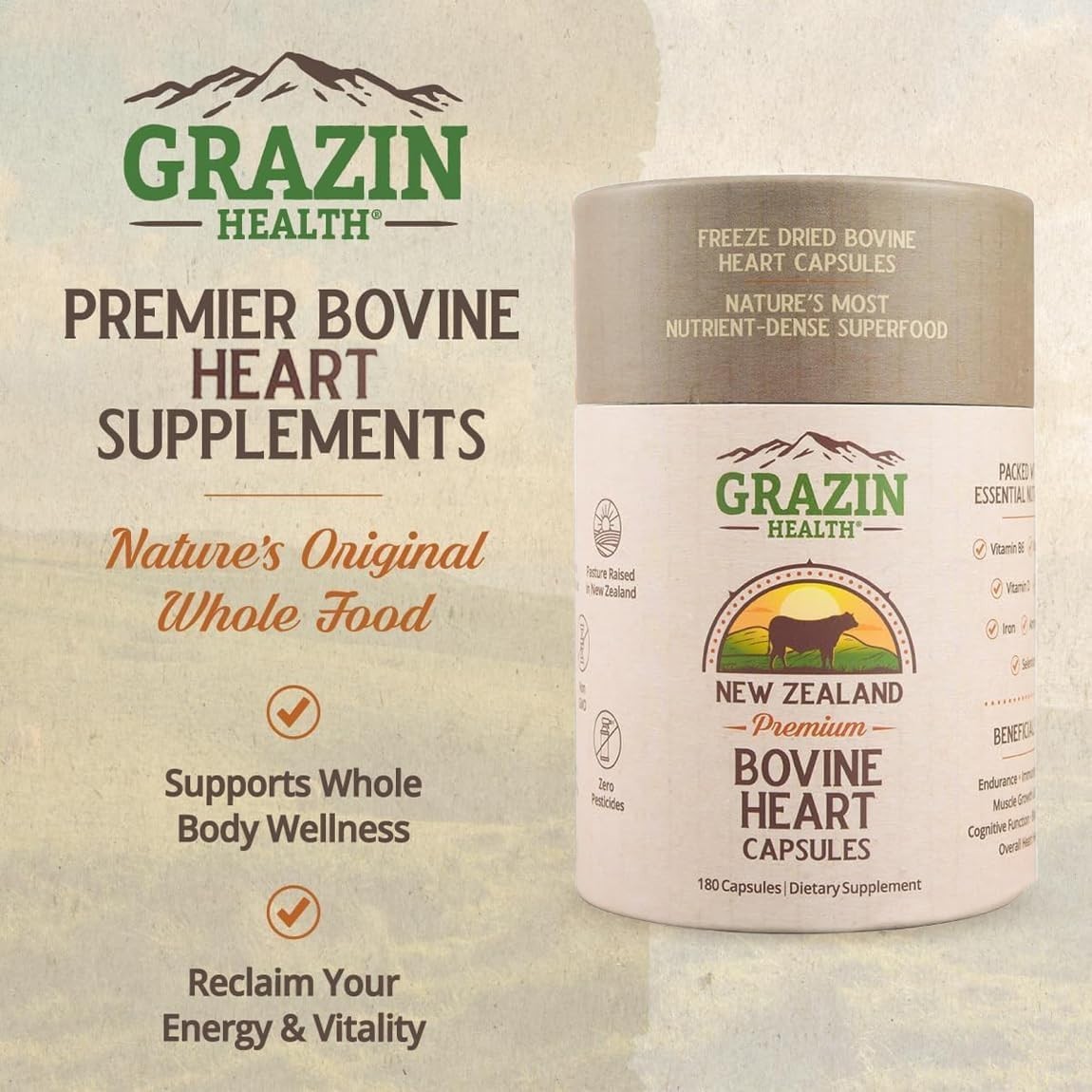 Grass-Fed Freeze-Dried Bovine Heart & Liver Capsules 3000 mg per Serving