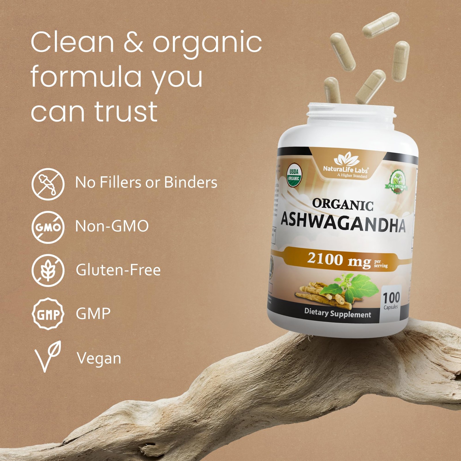NaturaLife Labs Organic Ashwagandha 2100 mg per Serving 100 Count (Pack of 1)