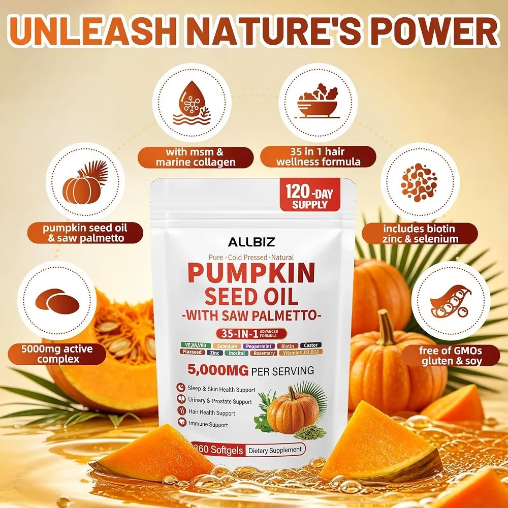 ALLBIZ Pumpkin Seed Oil Saw Palmetto 5000mg Hair Prostate 120 Day Supply