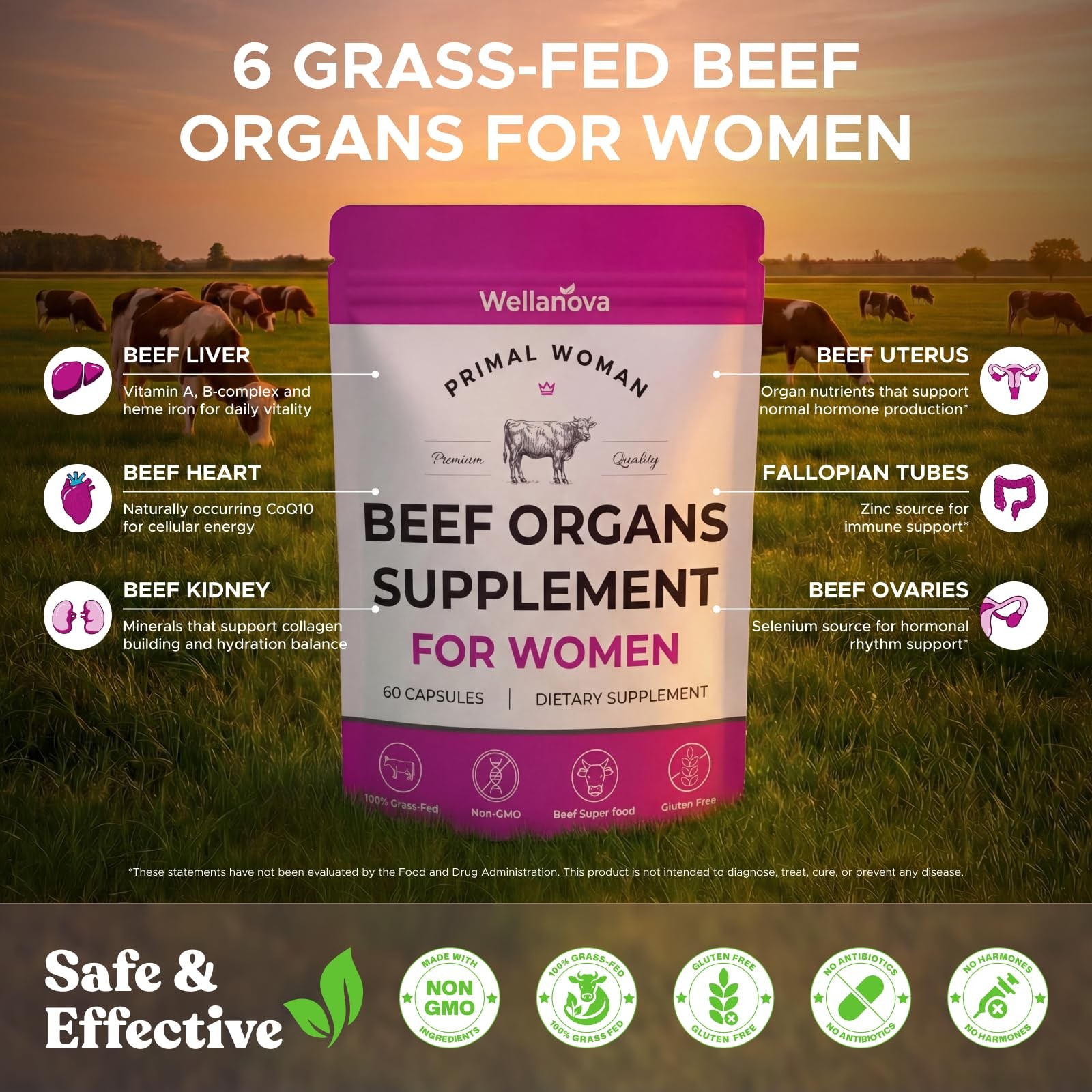 Primal Beef Organ Supplement for Women, Grass-Fed Ancestral Superfood 60 Pack