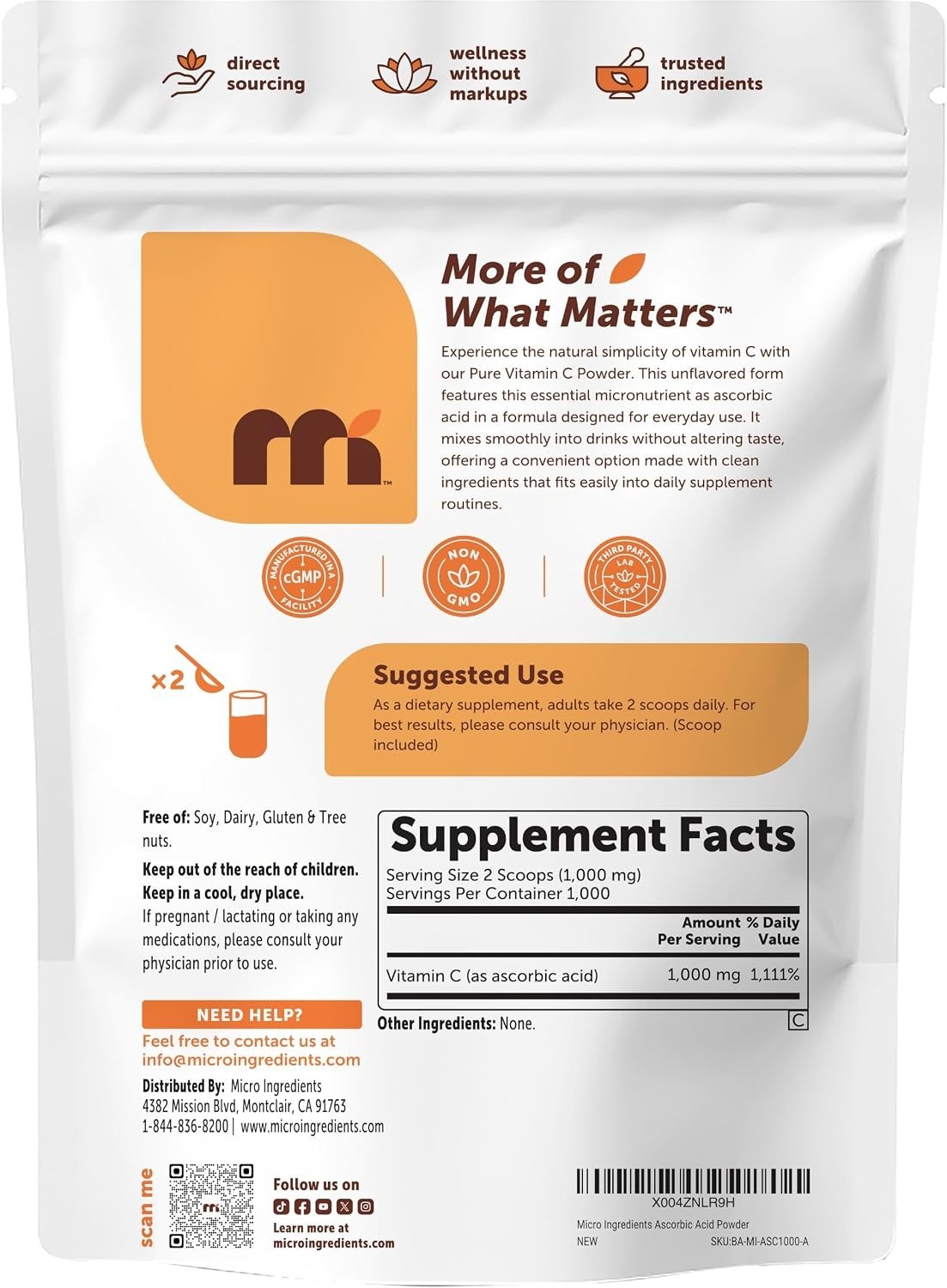 Vitamin C Powder, 2.2lbs (1kg) | Ascorbic Acid Supplement