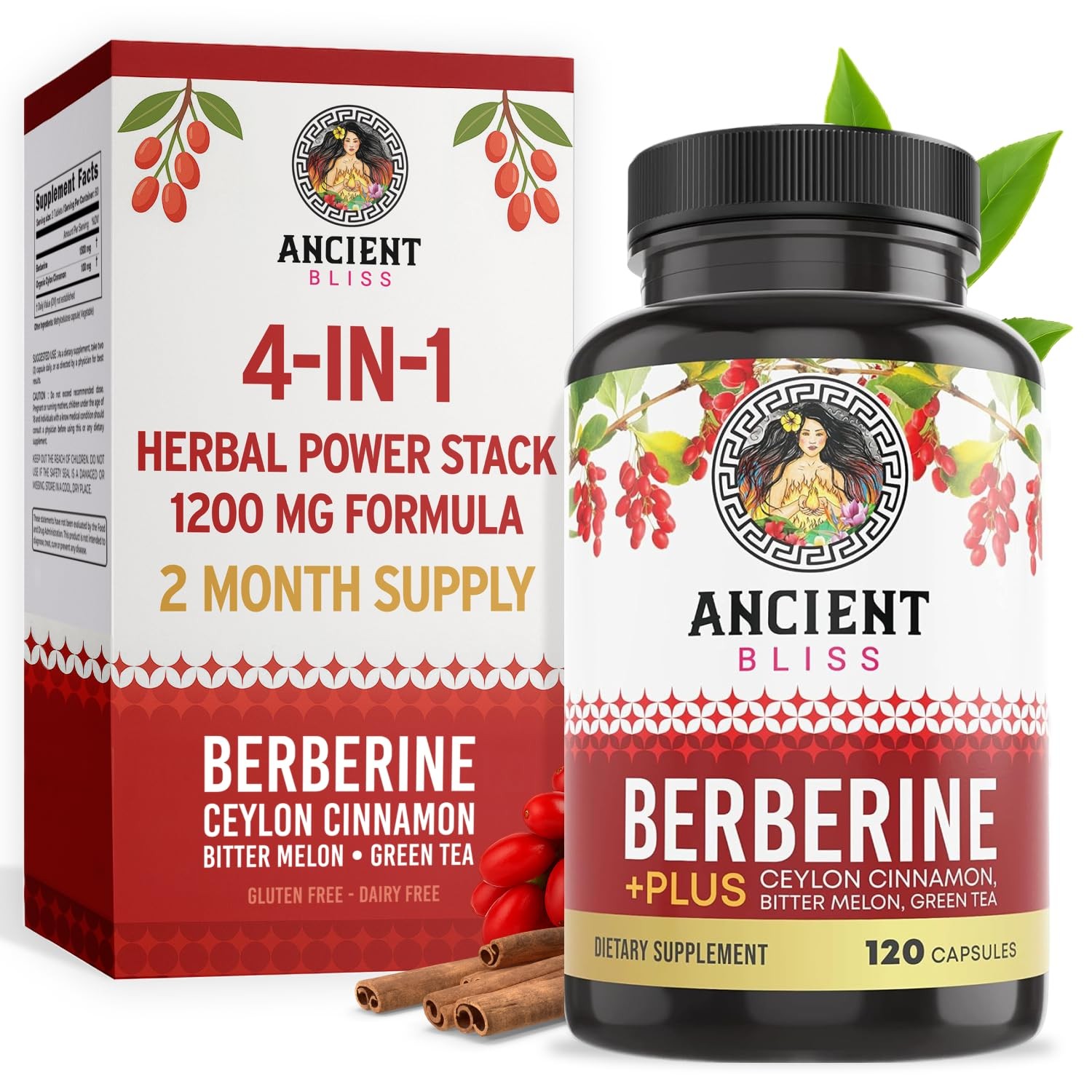 Ancient Bliss Berberine HCL 1200mg with Ceylon Cinnamon, Bitter Melon, and Gr…