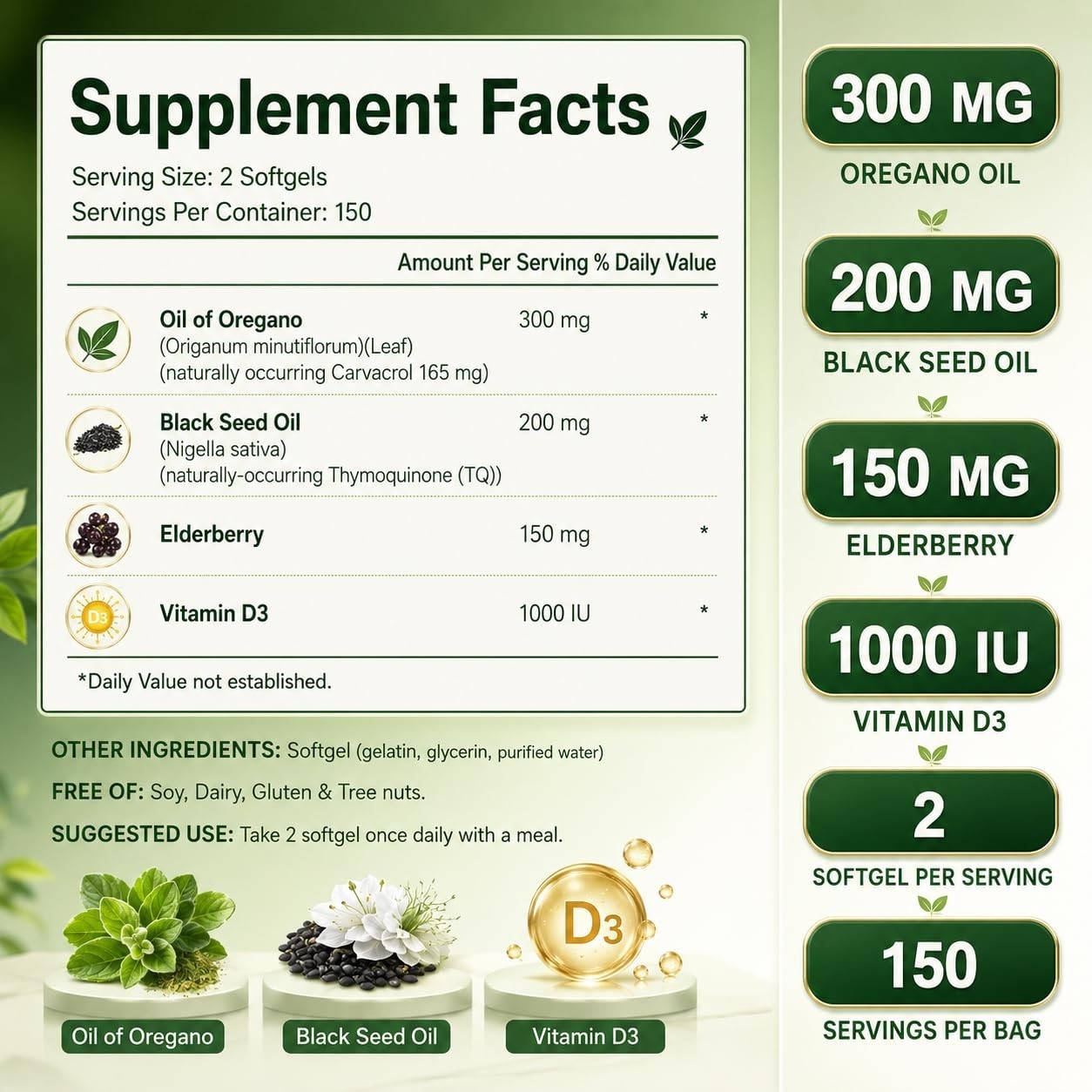Organic Oregano Oil & Black Seed Oil Softgels, Immune Support, 300 Count, Non-GM