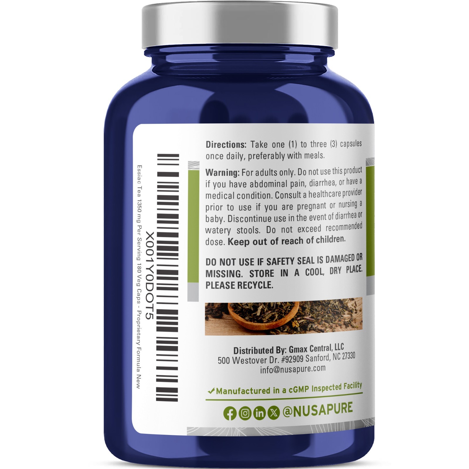 NusaPure Essiac Tea 1350mg per serving- 180 Veg Caps