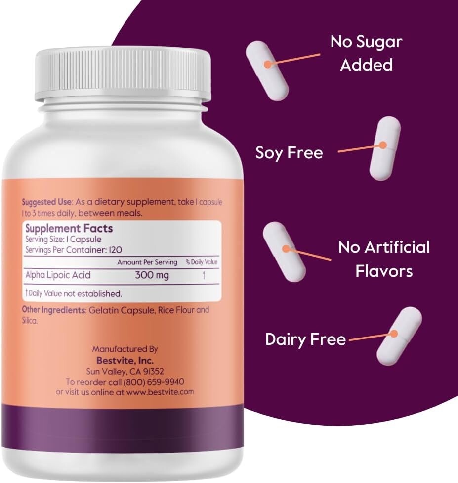 Alpha Lipoic Acid 300mg (120 Capsules) – No Stearates – Gluten Free – Non GMO