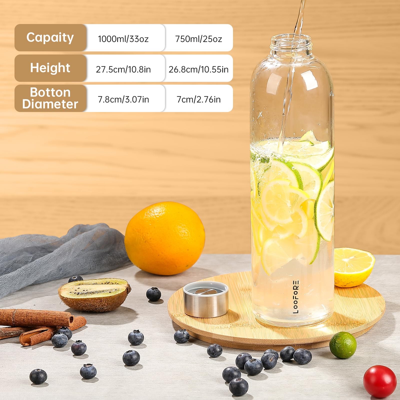 LOOFORE Glass Water Bottles 32 oz, 1 litre 33.8 Ounces, Olive Green