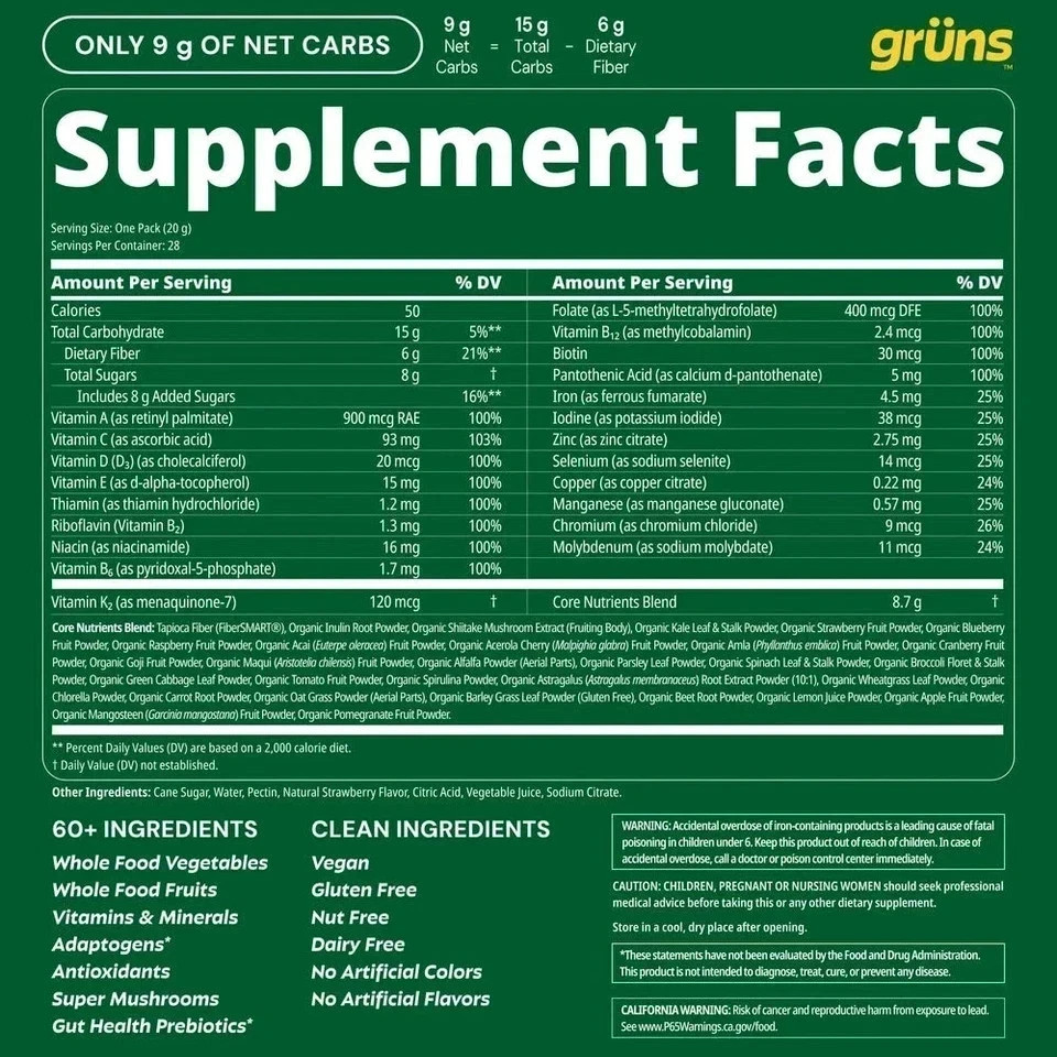 Gruns Low Sugar – SuperFoods Greens Gummies, Sweet Taste – 28 Pack