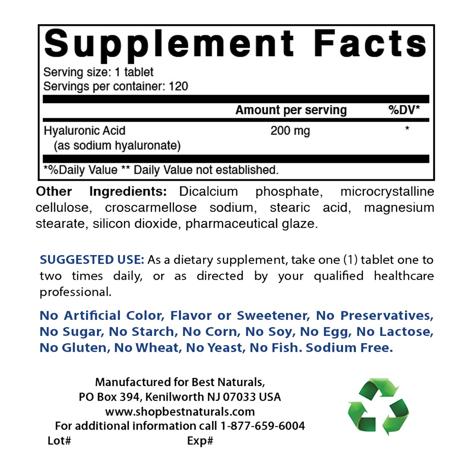 Best Naturals Hyaluronic Acid 200 mg 120 Tablets