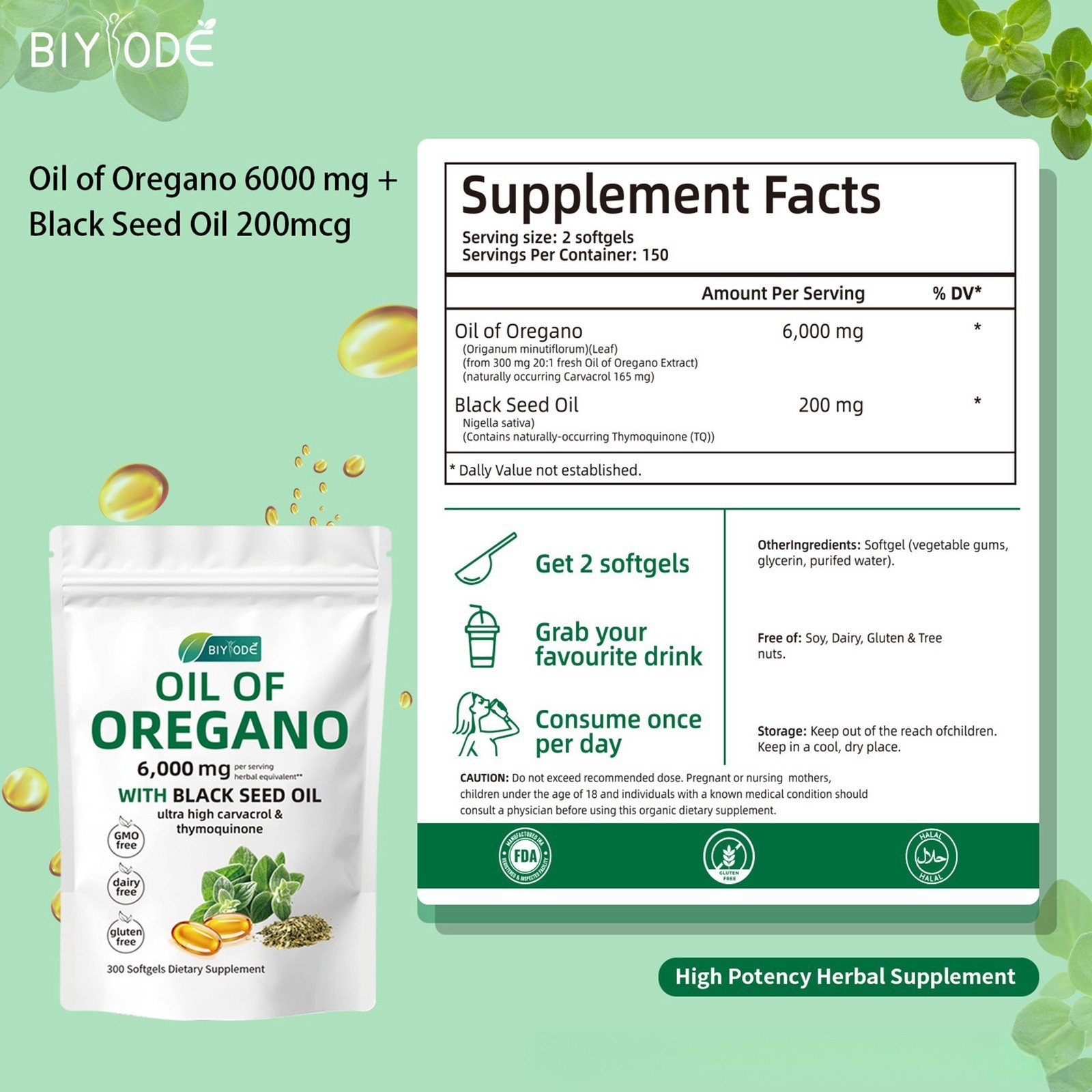 Oil of Oregano 300 Softgels with Black Seed Oil – 6000mg Oregano Oil Strength