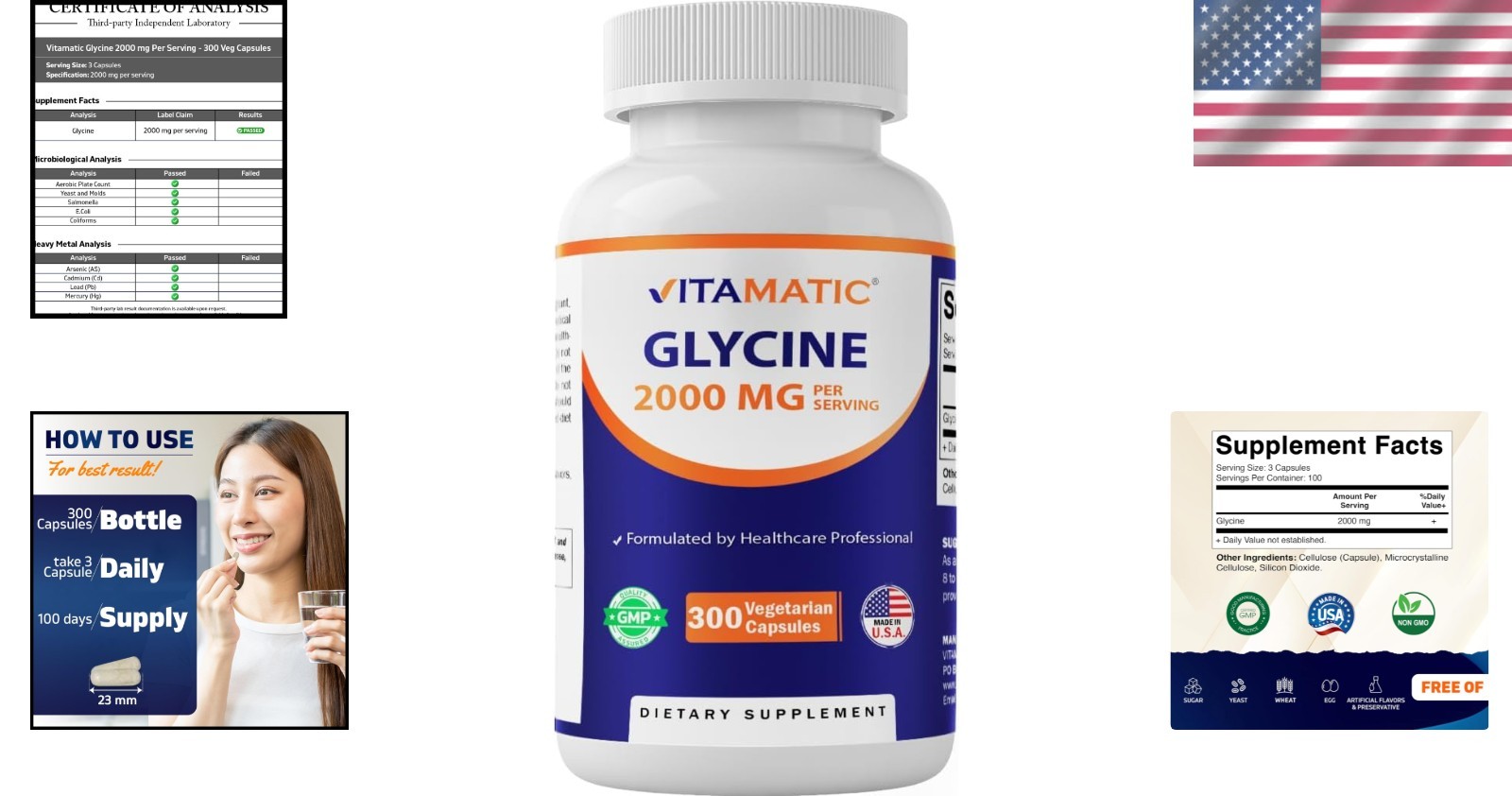 High-Potency Glycine 2000mg – 300 Non-GMO, Gluten-Free Capsules for Adults