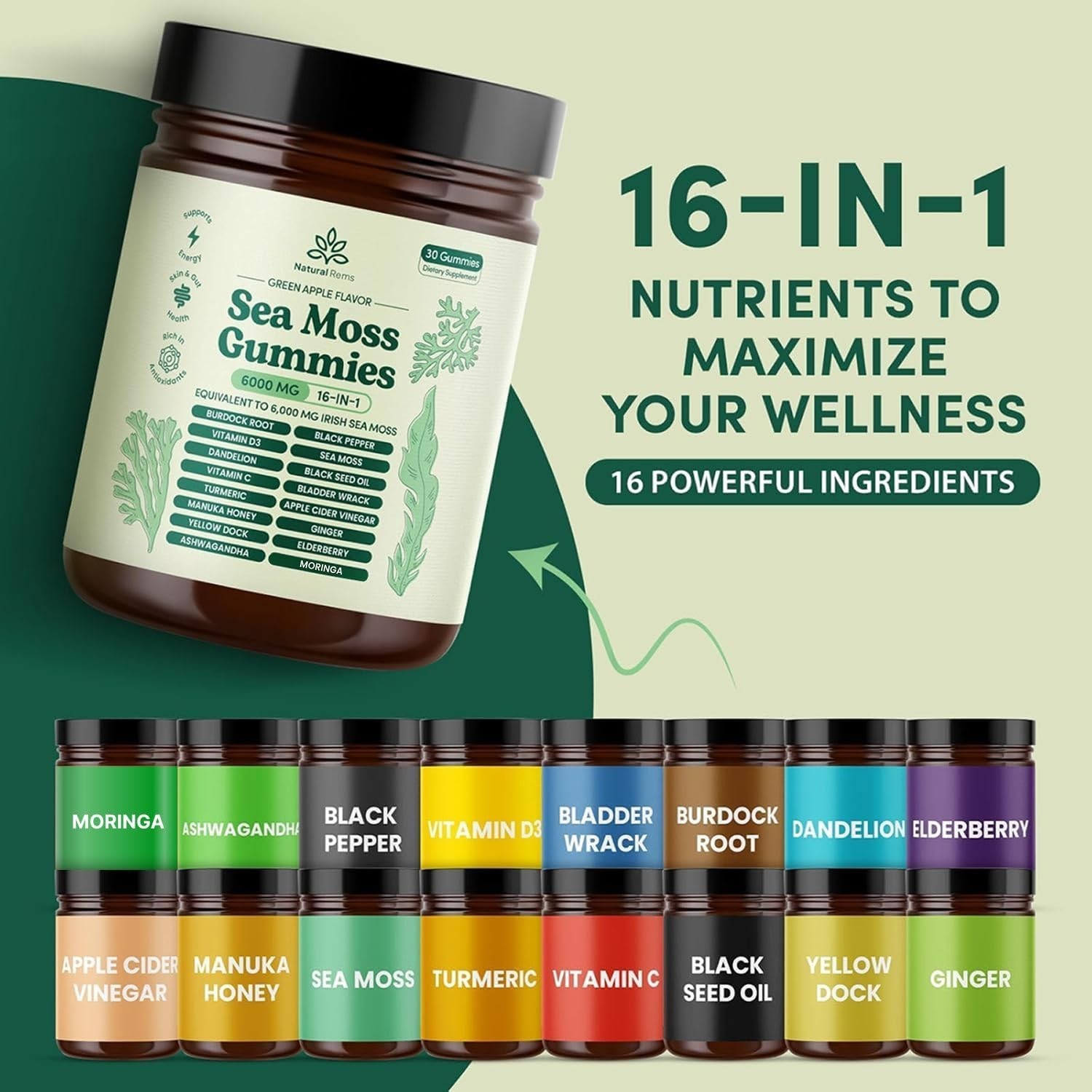 Natural Rems Sea Moss Gummies 16-in-1 – Ashwagandha Black Seed Oil Bladder Wrack