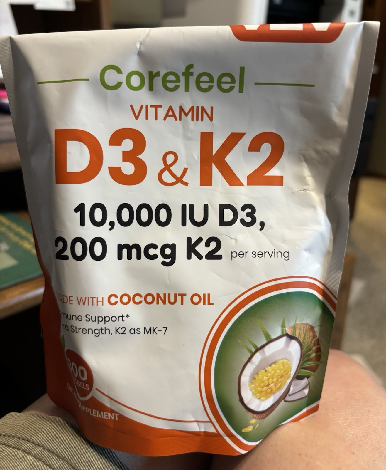 VEV Corefeel Vitamin D3 & K2 10,000 IU, 200 mcg MK-7, 300 Coconut Oil Softgels