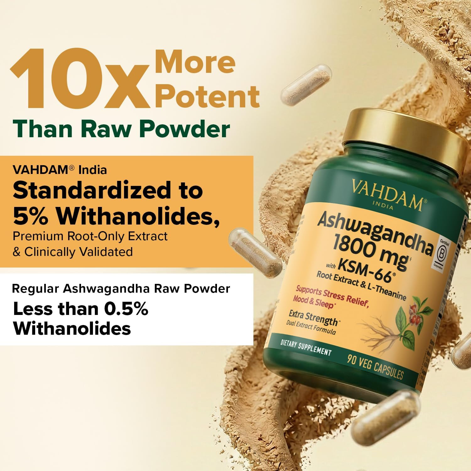 VAHDAM Ashwagandha Supplement 1800mg with Ashwagandha Root Extract and L-Theanin