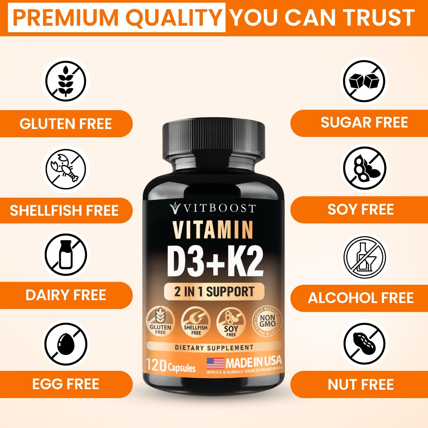VITBOOST Vitamin D3 K2 Complex Easy to Swallow Vitamin D D3 5000 IU 125 mcg…