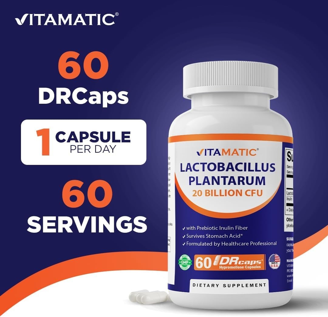 60 Count Lactobacillus Plantarum Capsules with Prebiotic Inulin for Gut Wellness