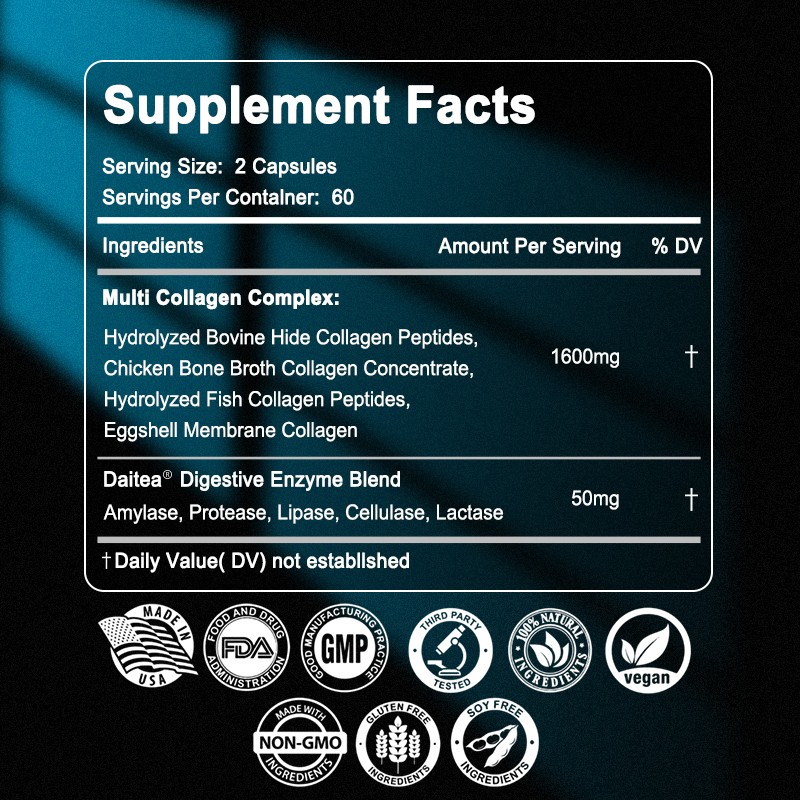 Collagen Complex Type I,II,III,V,X-Easy to swallow Gluten Free Non-Gmo 30/60/120