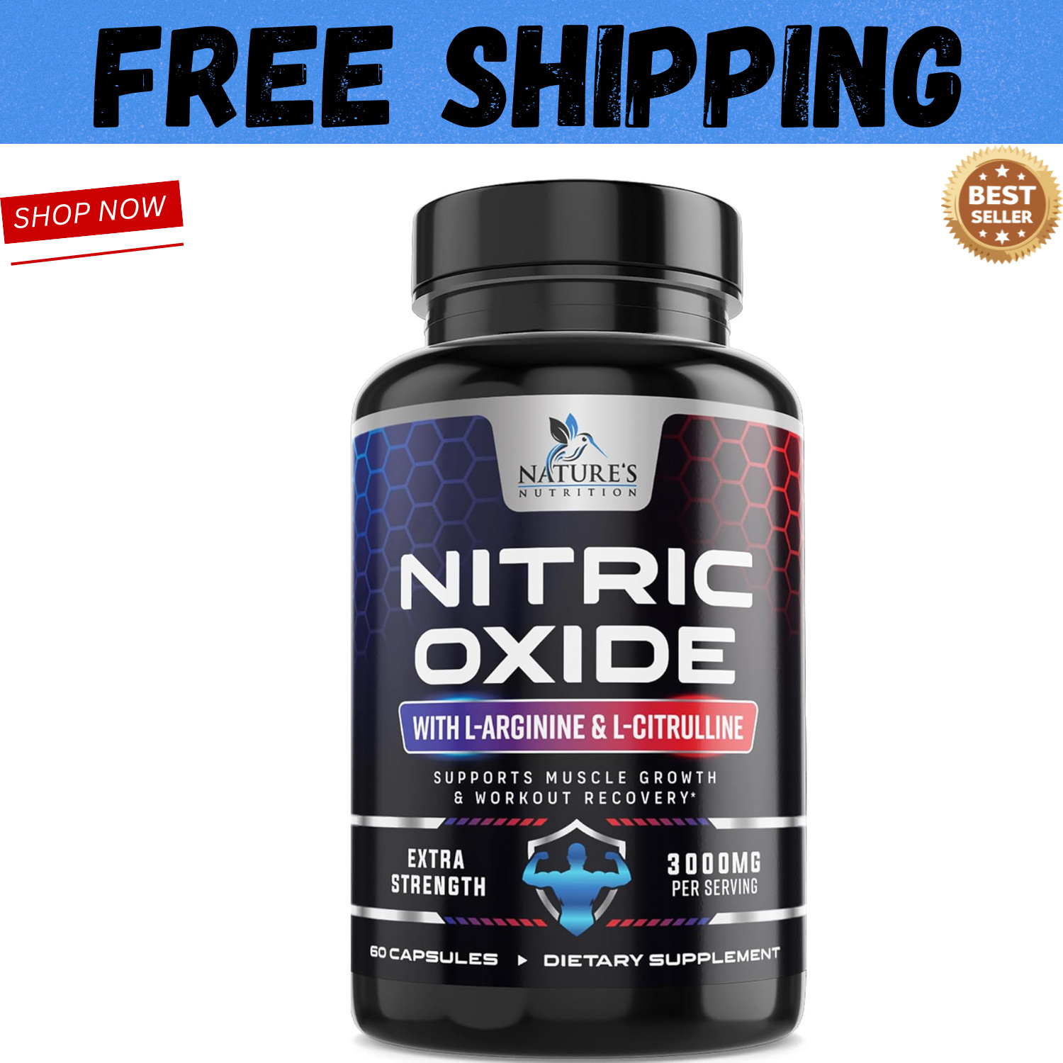 Nitric Oxide Booster 3000mg L-Arginine 3X Extra Strength Capsules